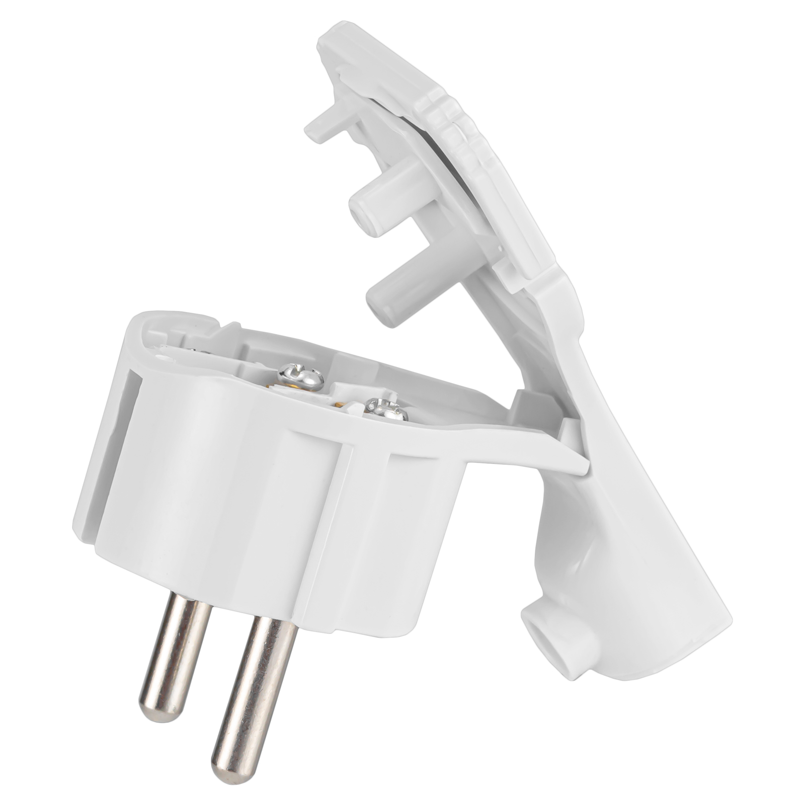 Ein weißer Stecker mit zwei Metallstiften und einer geöffneten Abdeckung.