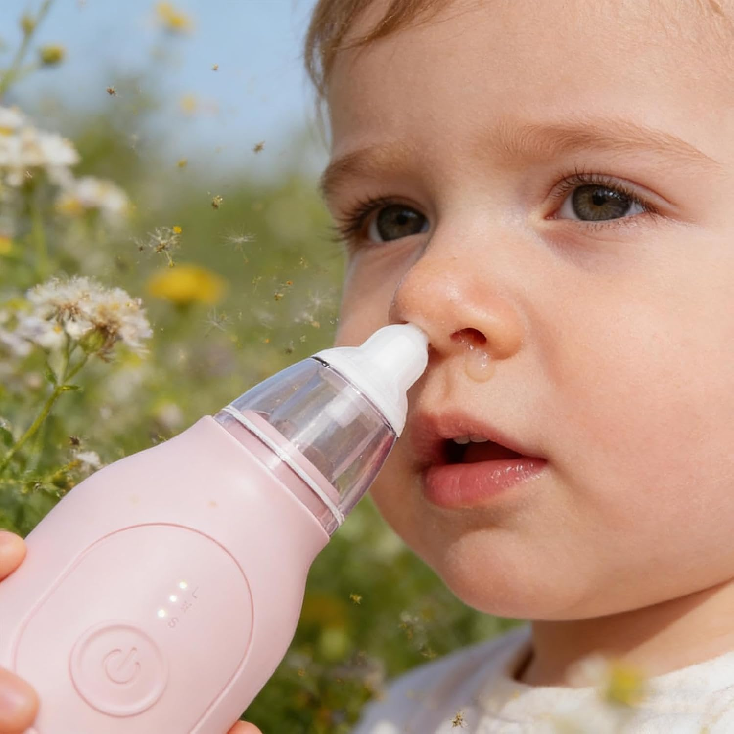Nahaufnahme eines Babygesichts mit einer rosa Nasensauger.