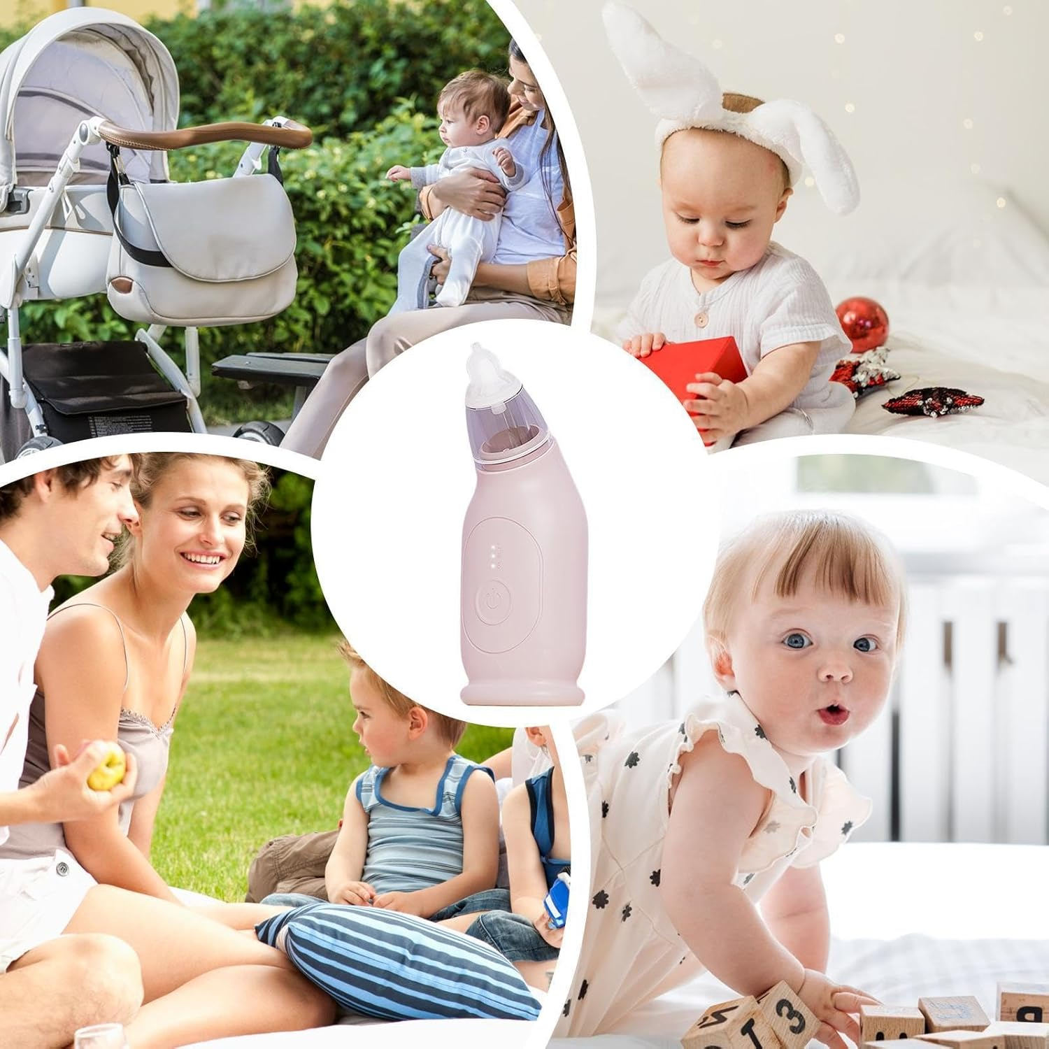 Collage von Babys: Kinderwagen, Familie im Park, Baby mit Hasenohren, Baby krabbelt.