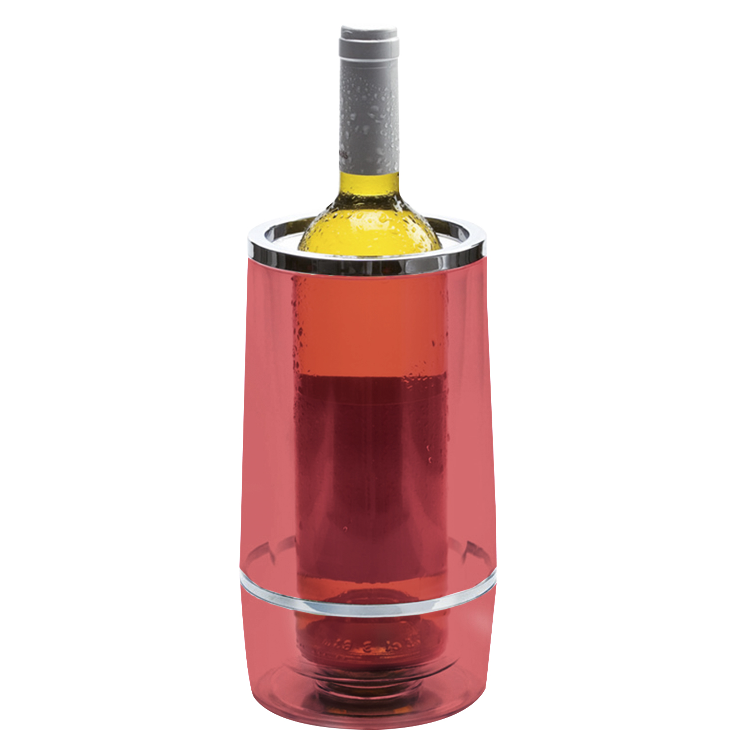 Una bottiglia di vino bianco in un refrigeratore rosso con condensa.