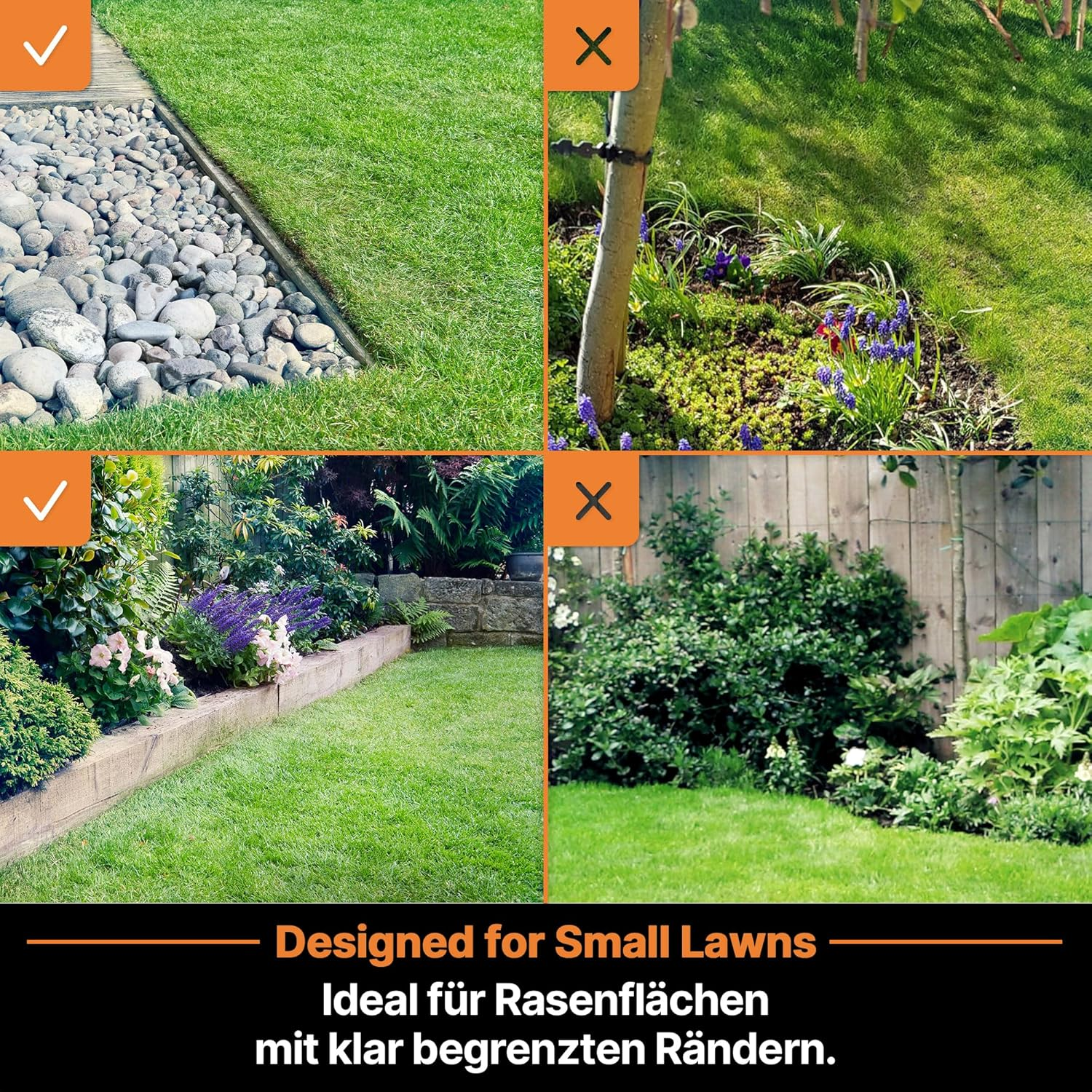 Vier Gartenbereiche mit Rasen und Pflanzen, einige mit Häkchen, andere mit Kreuzen.