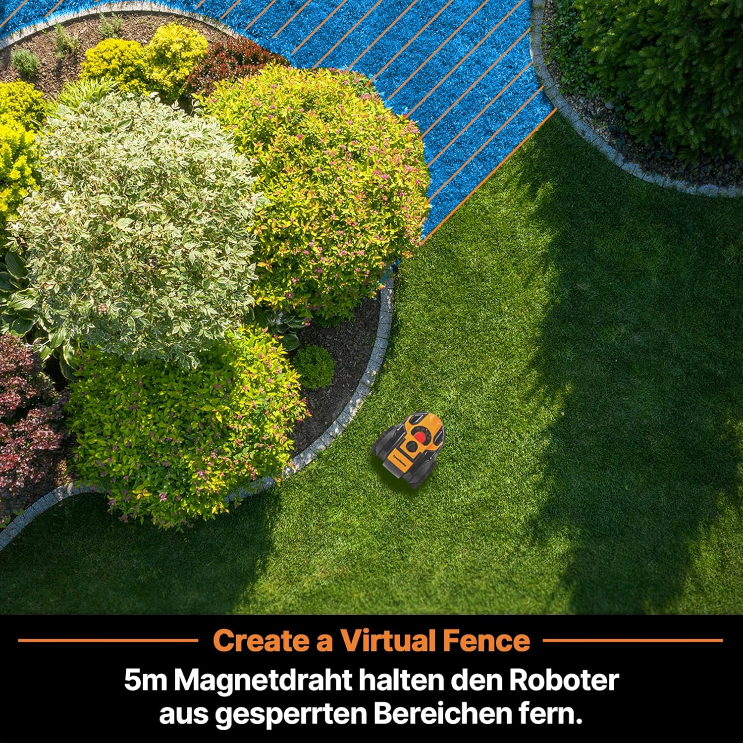 Ein Mähroboter auf einem Rasen neben Büschen und einem blauen Bereich.