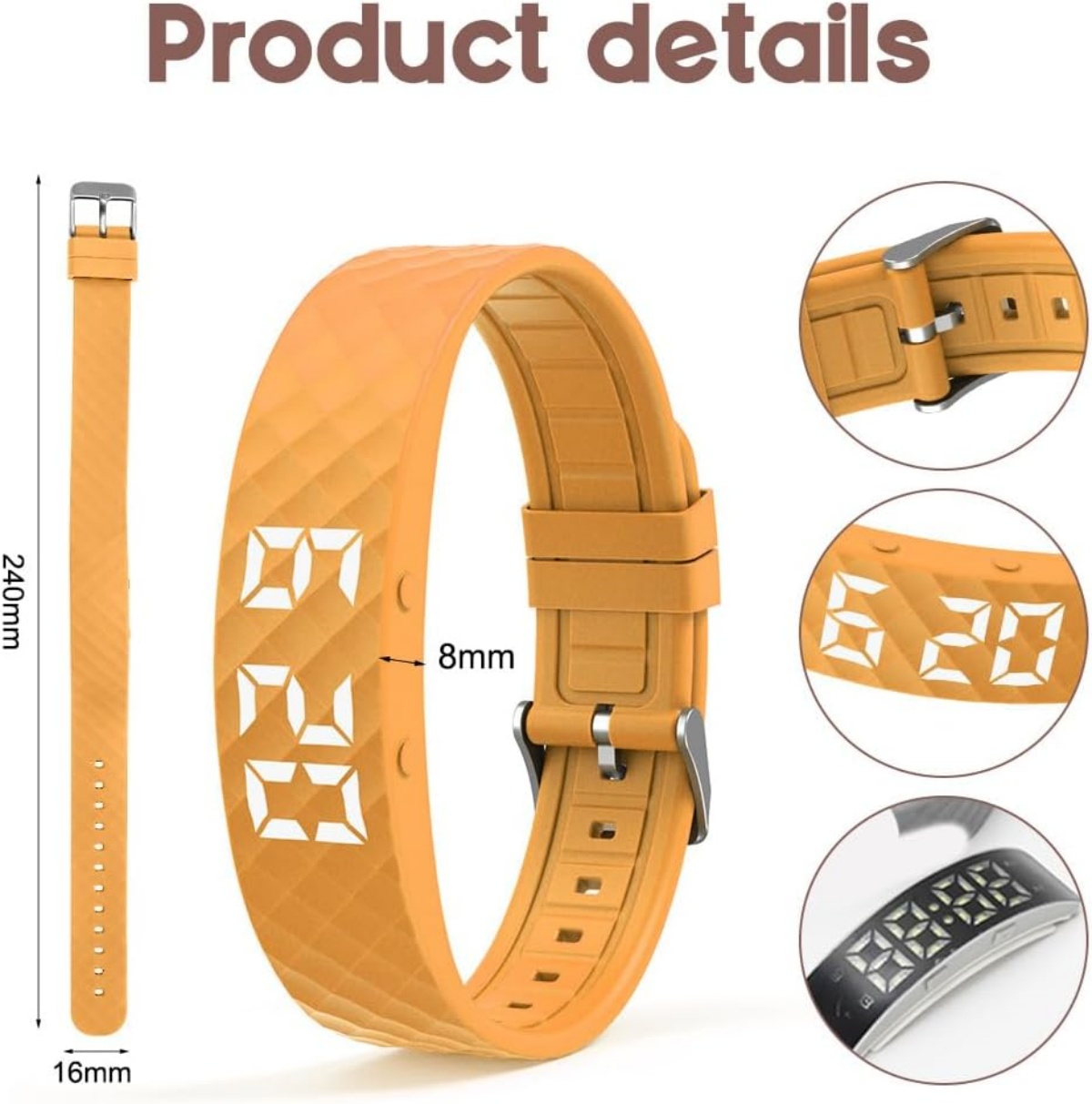 Orange Uhr mit digitaler Anzeige und Maßen. Detailaufnahmen des Armbands.