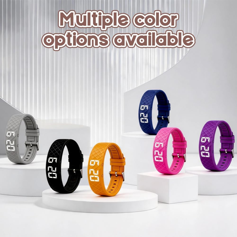 Mehrere digitale Armbanduhren in Grau, Schwarz, Orange, Blau, Pink und Lila.