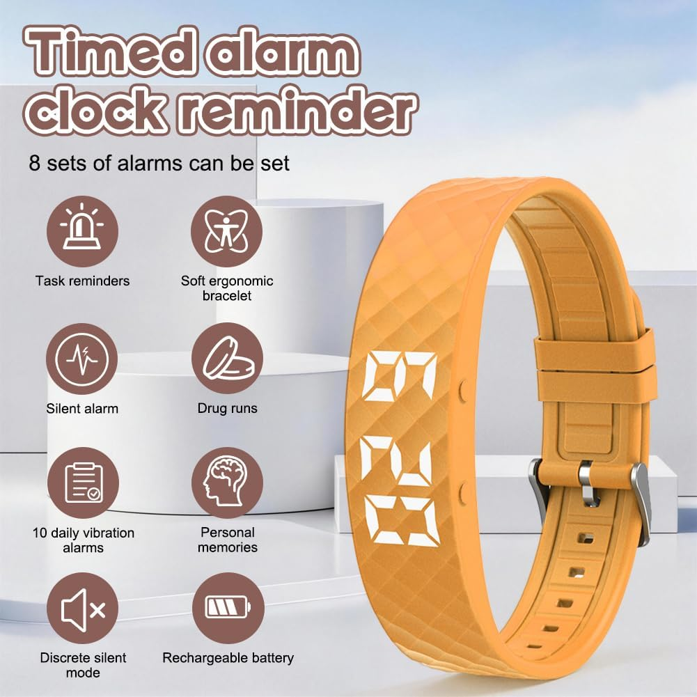 Orange digitale Alarm-Armbanduhr mit Symbolen für Funktionen wie Aufgabenerinnerungen, stiller Alarm und wiederaufladbarer Akku.