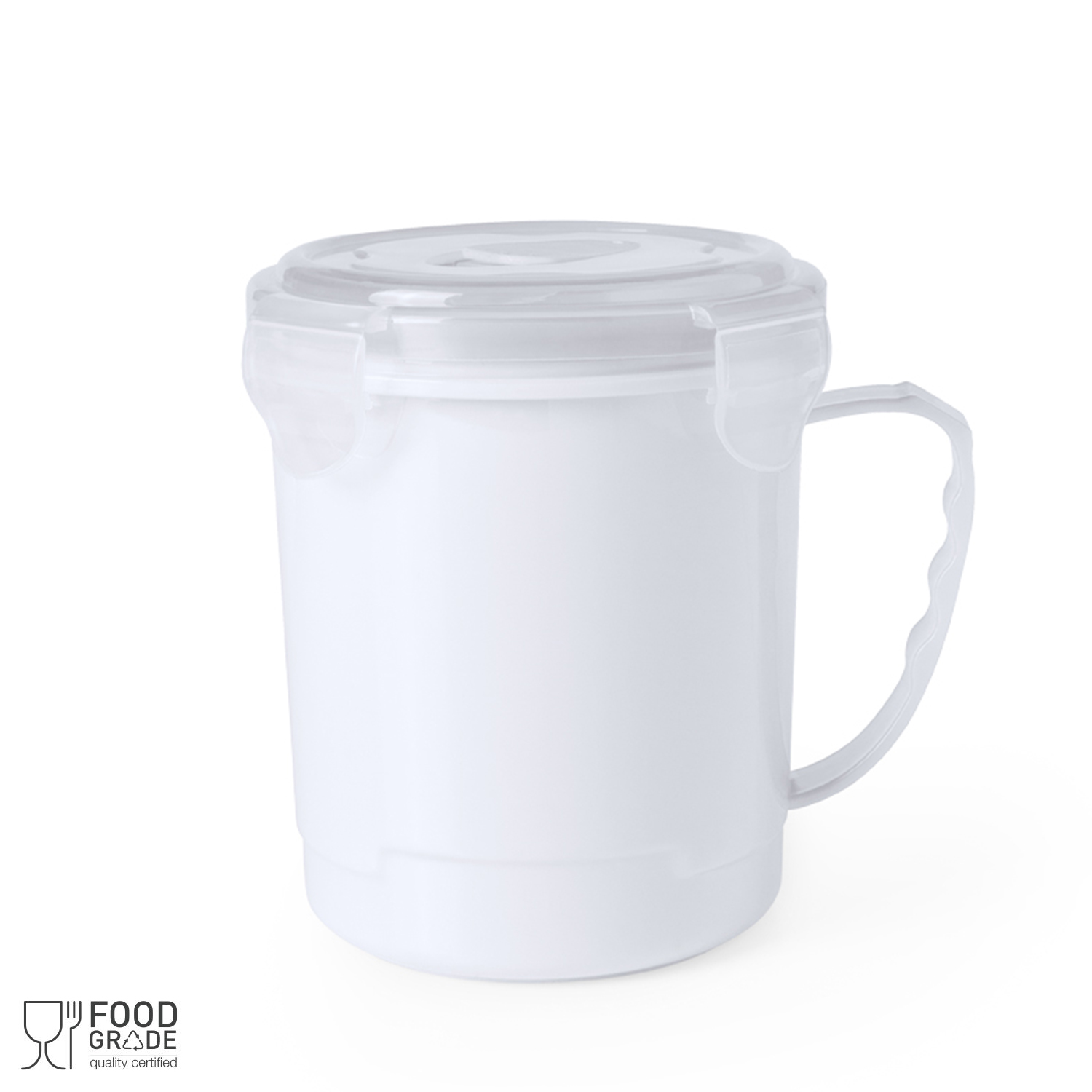 Un contenitore bianco con manico e coperchio trasparente.