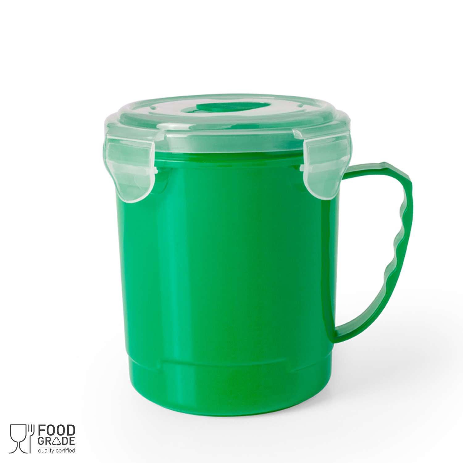 Contenitore verde con manico e coperchio trasparente, su sfondo bianco.