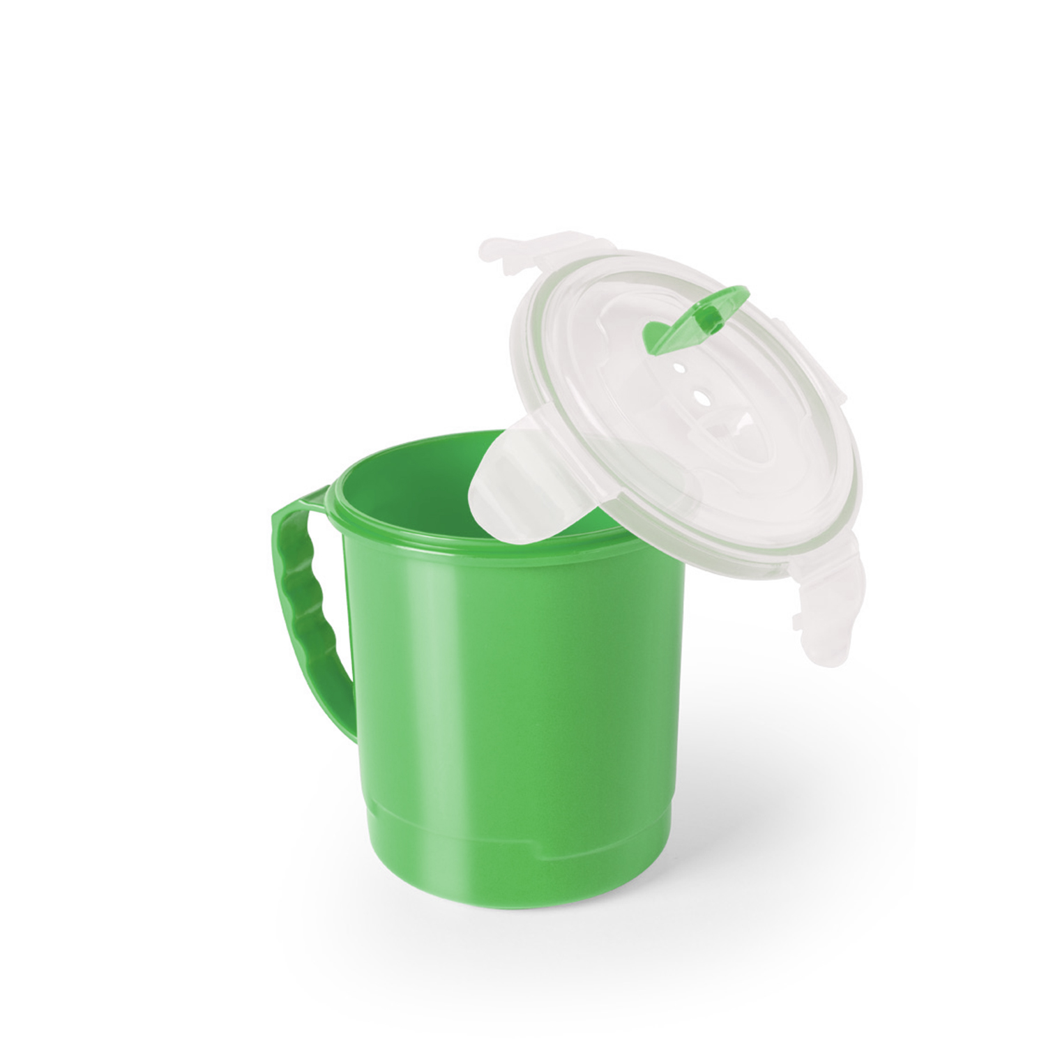 Tazza verde con coperchio trasparente aperto e manico.
