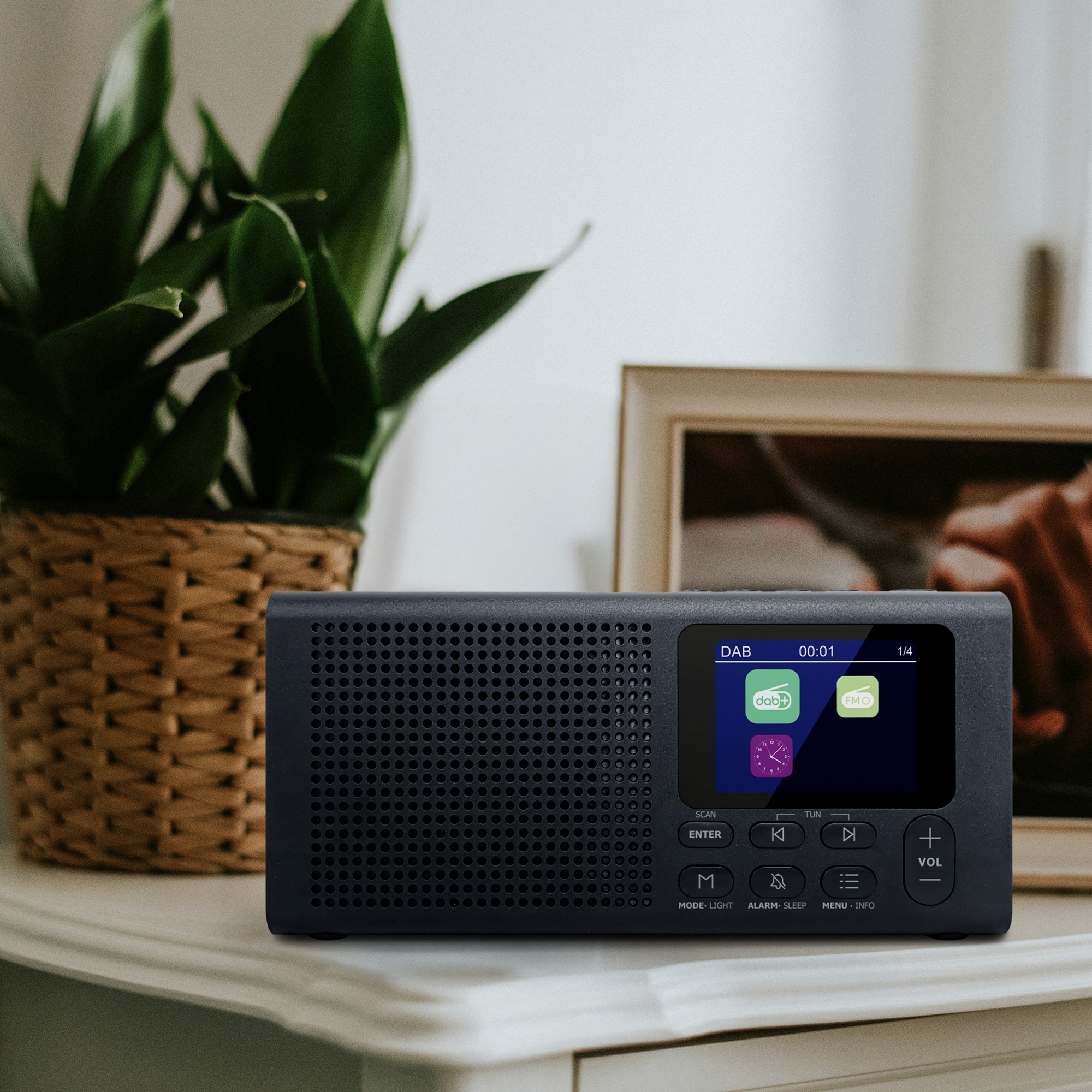 Ein schwarzes DAB-Radio steht auf einer weißen Kommode neben einer Topfpflanze.