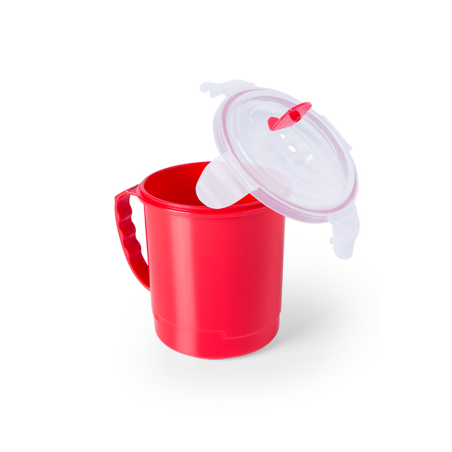 Una tazza rossa con coperchio trasparente e linguetta rossa.