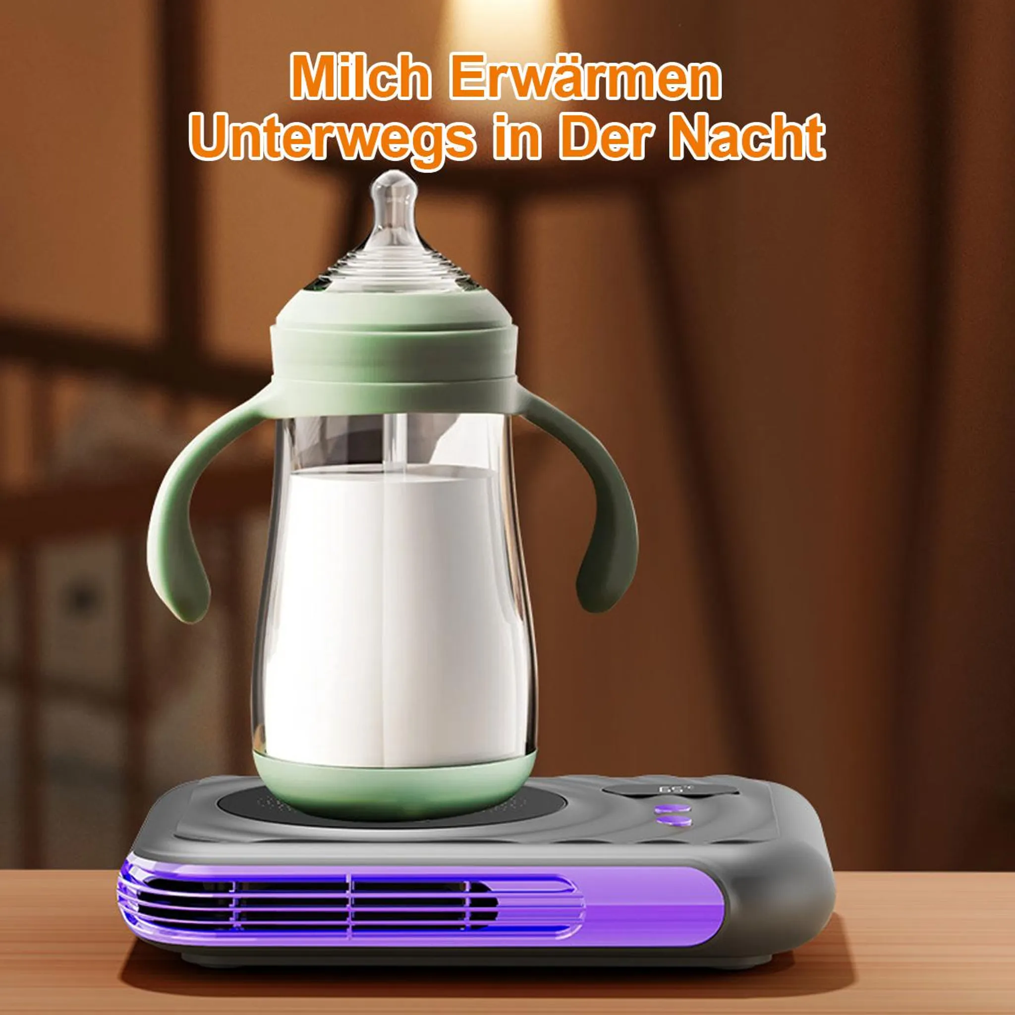 Ein Babyfläschchen mit Milch steht auf einem tragbaren Milchwärmer mit blauem Licht.