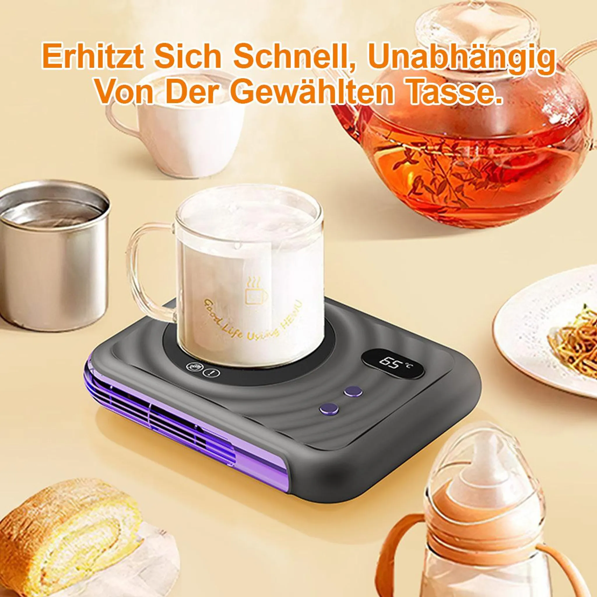 Getrönkeerwärmer mit Glasbecher, Teekanne, Tasse, Gebäck und Babyflasche.