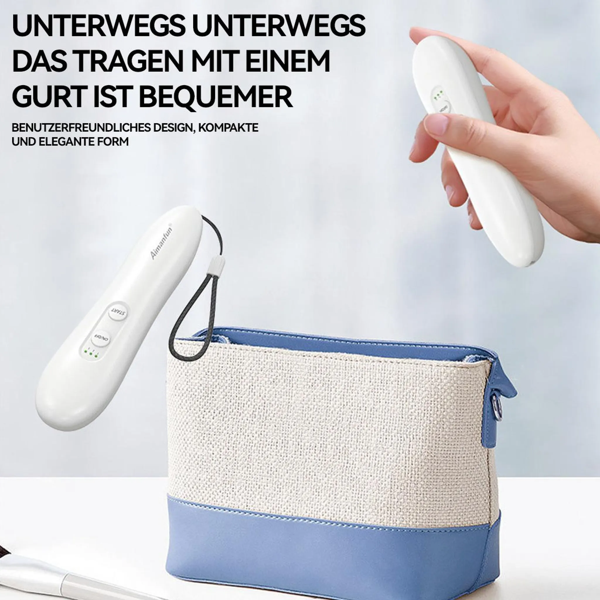 Ein weißes Gerät mit Knöpfen wird über einer Tasche mit Textur und blauer Biese gehalten. Unten ein Pinsel.