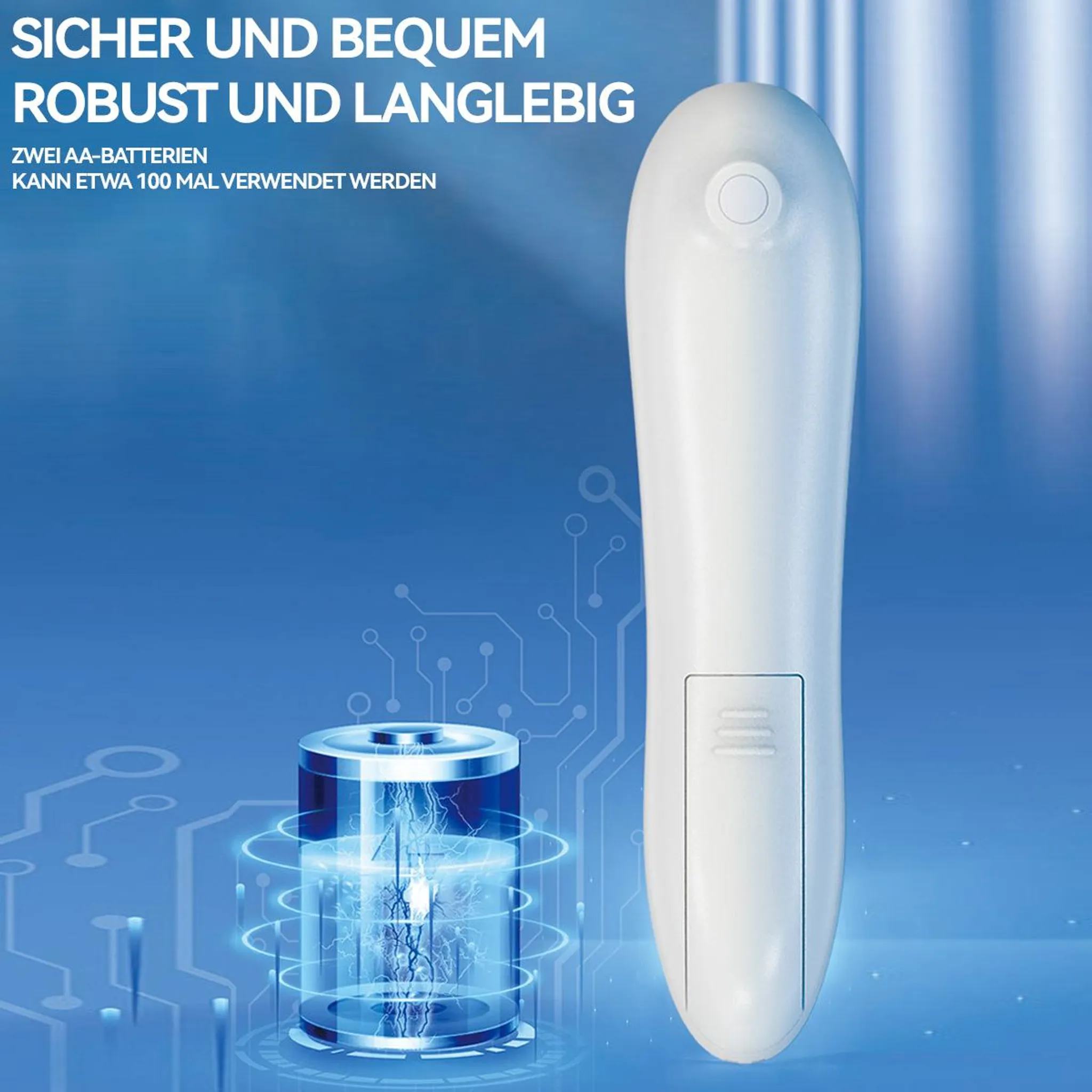 Ein weißes Gerät neben einer leuchtenden Batterie im blauen Hintergrund.