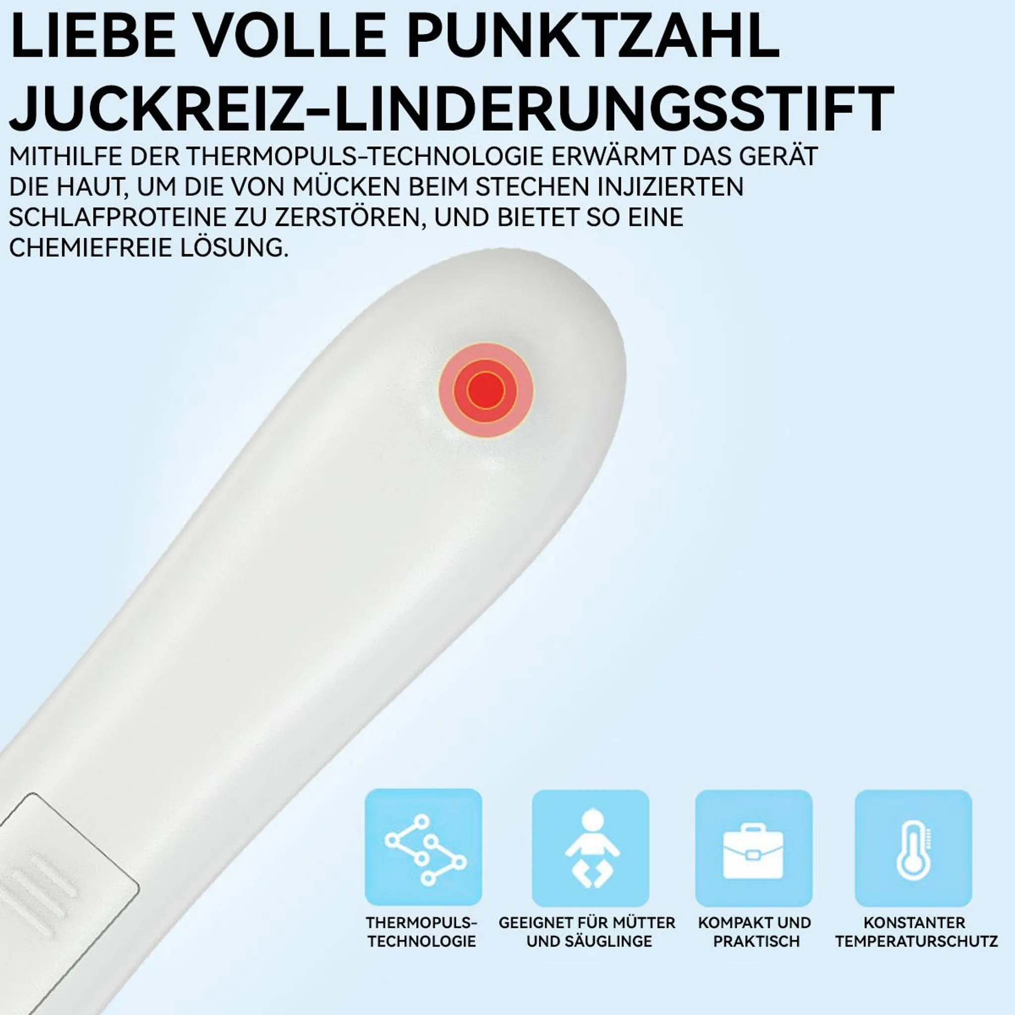Ein weißer Juckreizstift mit rotem Punkt und Icons für Technologie, Baby, Tasche und Thermometer.