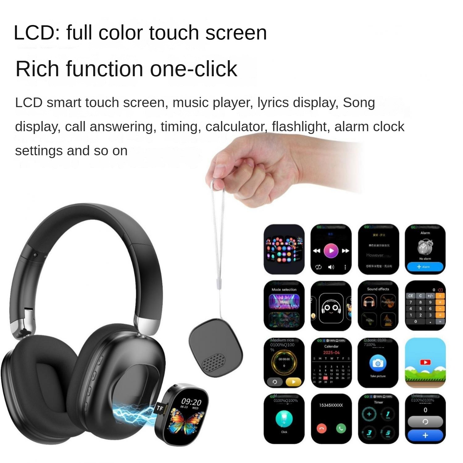 Schwarze Kopfhörer, ein kleines schwarzes Gerät und viele Smartwatch-App-Symbole.