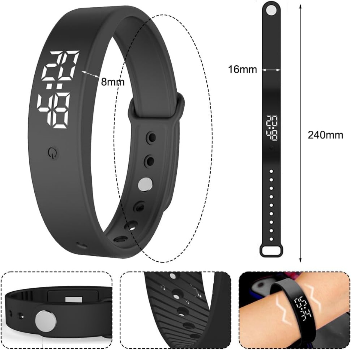 Schwarzes digitales Armband mit Zeitangabe und Maßen.