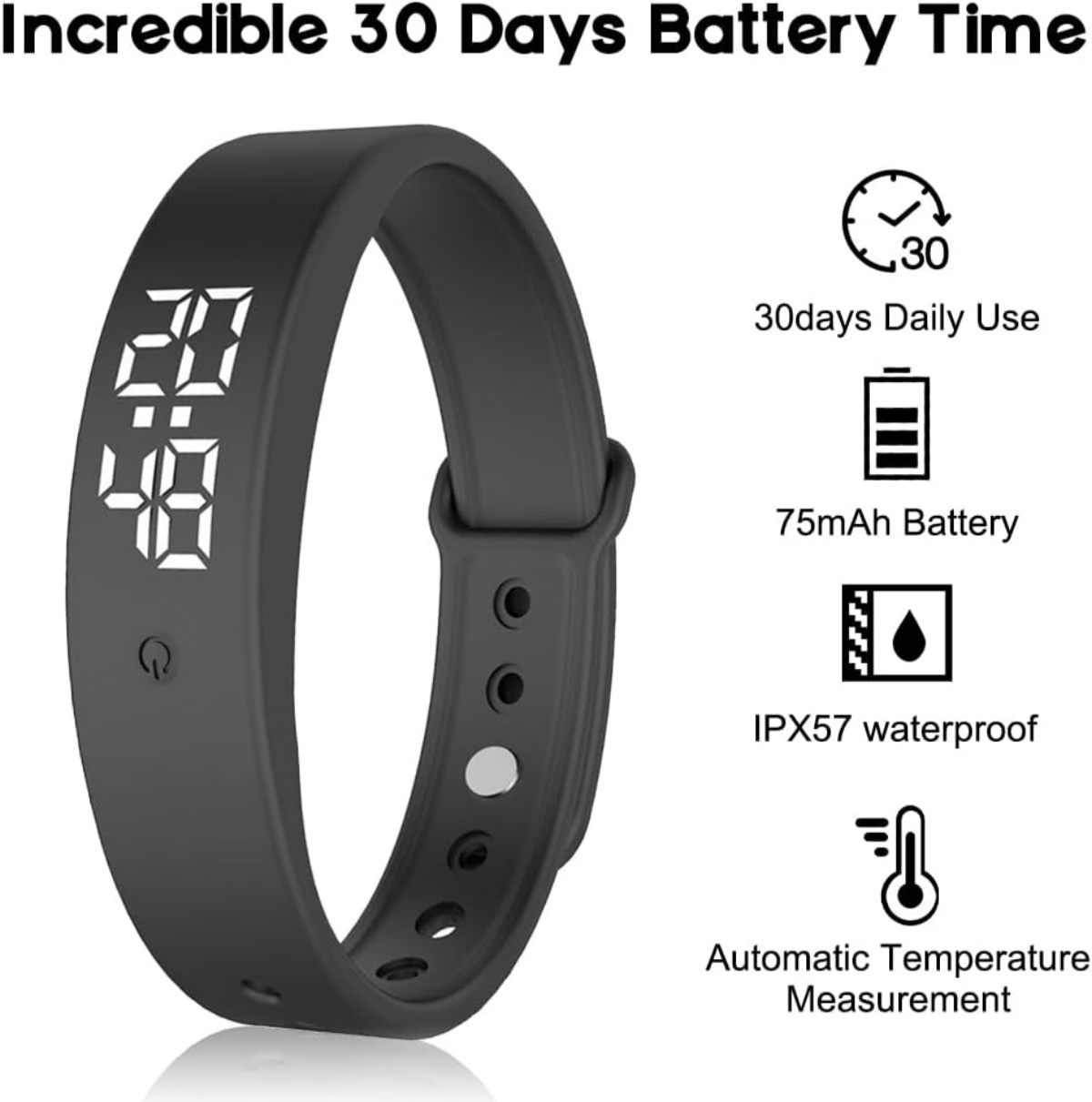Schwarzes Fitnessarmband mit digitaler Anzeige und Icons für Akku, Wasserdichtigkeit & Temperatur.