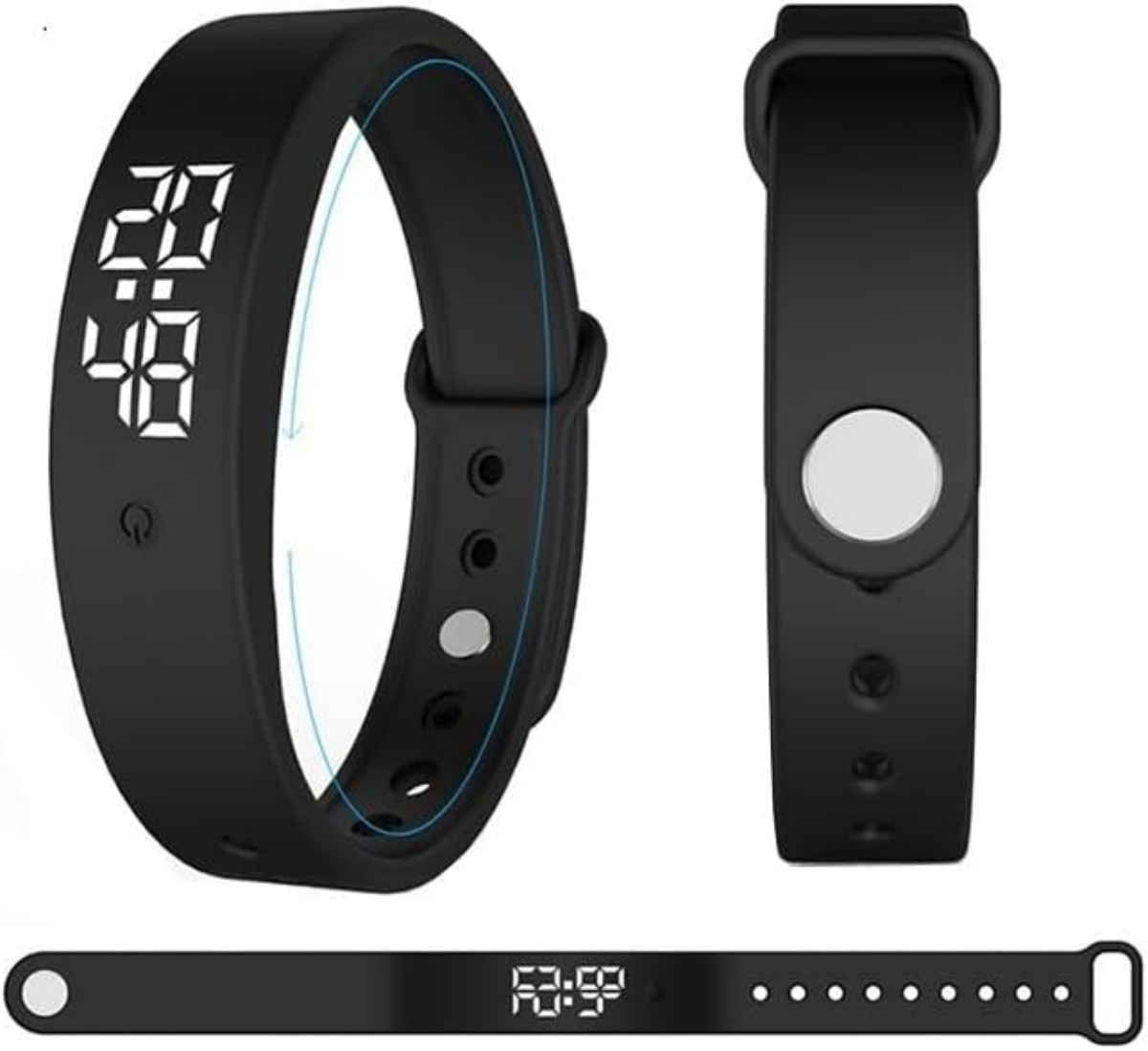 Ein schwarzes digitales Armband mit leuchtenden Zahlen.
