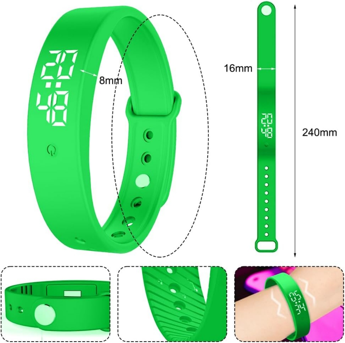 Grünes digitales Armband mit Zeitangabe und Maßangaben.