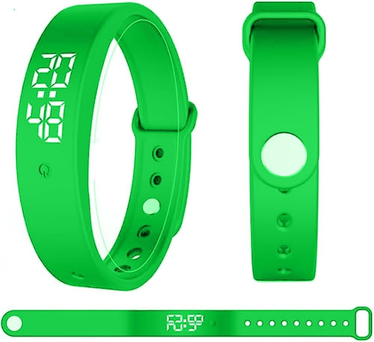 Drei grüne digitale Armbänder mit weißen Ziffern auf weißem Hintergrund.