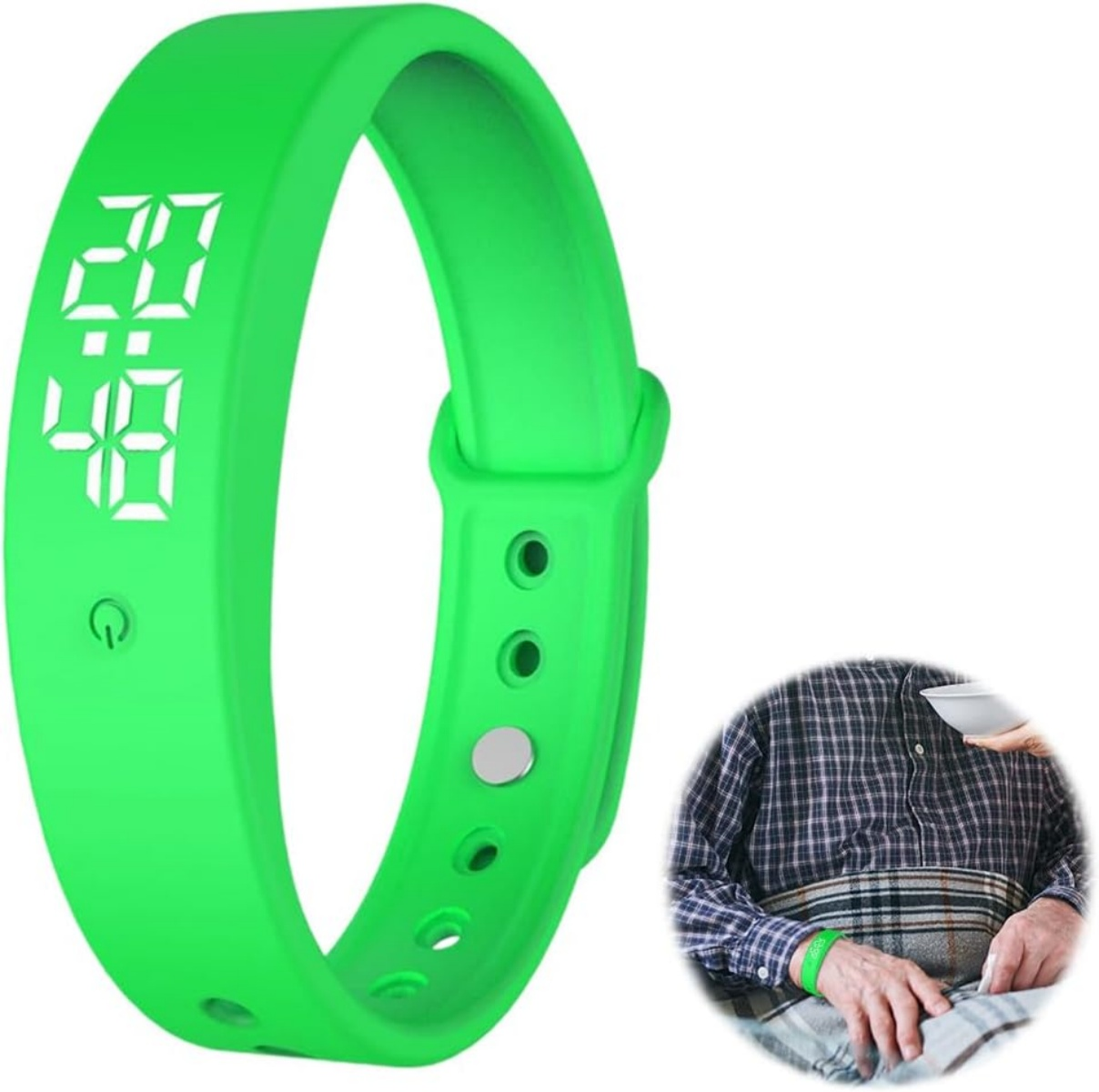 Grünes Armband mit digitaler Anzeige und Power-Symbol. Kleiner Kreis zeigt älteren Mann mit Schüssel.