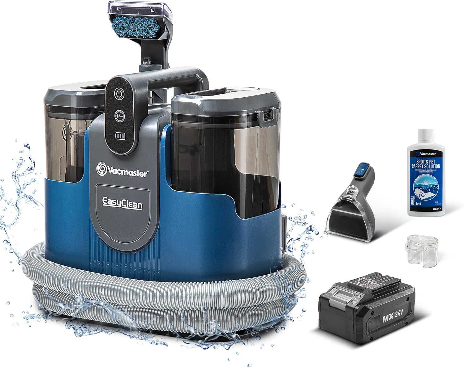 Vacmaster EasyClean Teppichreiniger mit Schlauch, Bürste, Akku und Lösung.