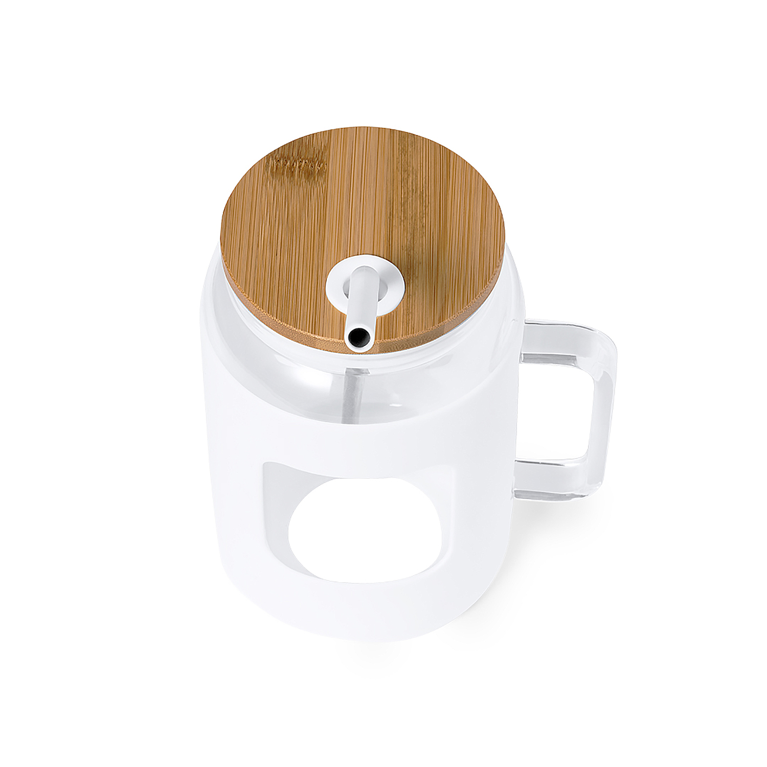 Tazza di vetro bianca con coperchio in bambù e cannuccia bianca.