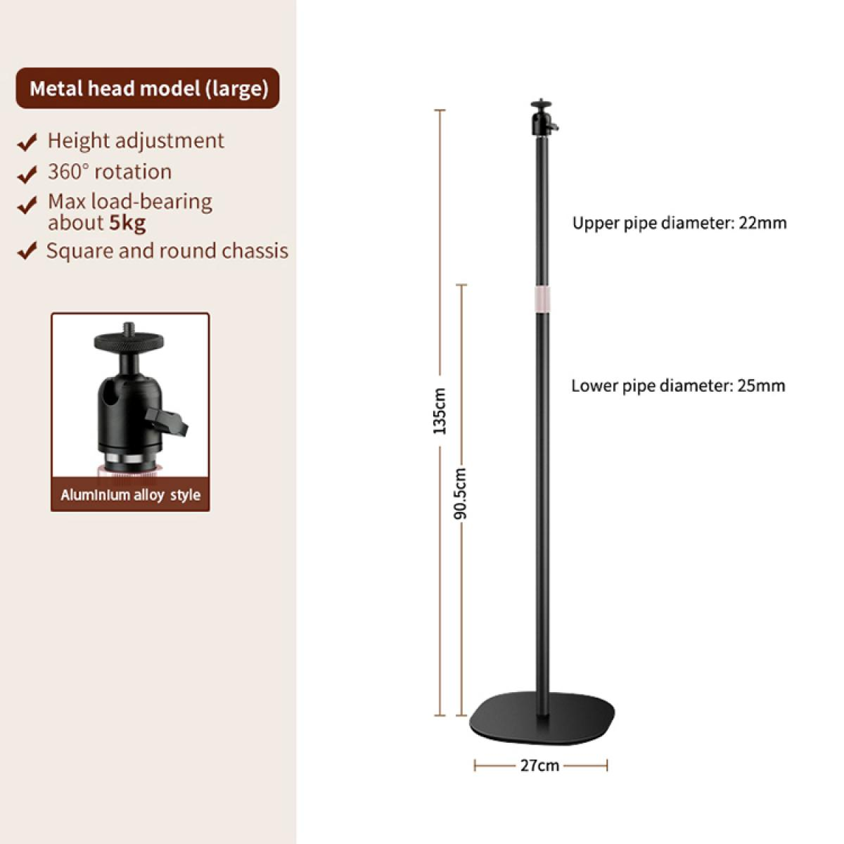 Ein großes Stativ aus Metall mit einem Kugelkopf, 135 cm hoch, 27 cm breit.