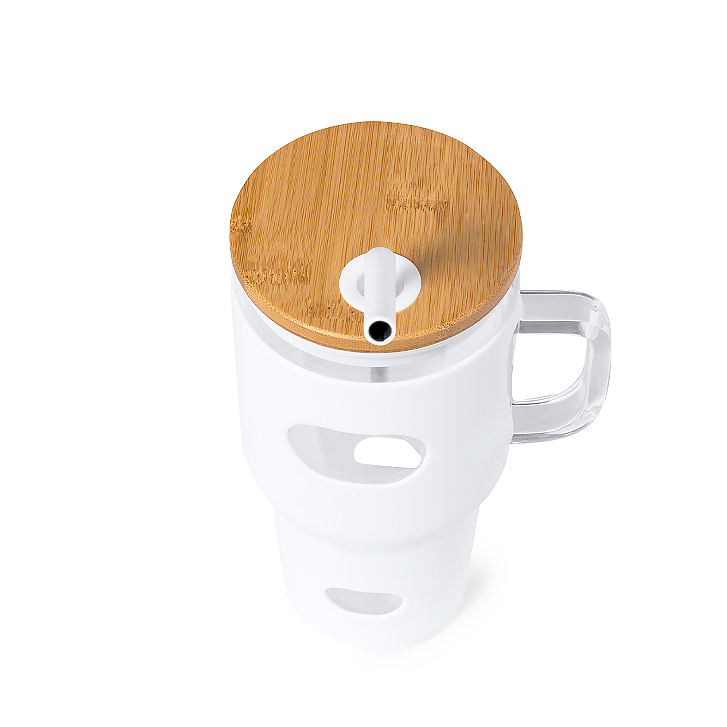 Tazza bianca con coperchio in bambù e cannuccia, lati intagliati.