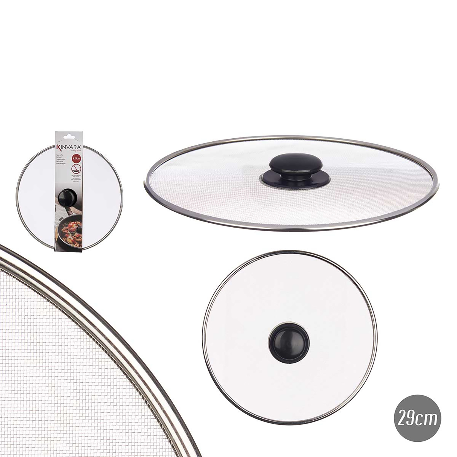 Uno schermo para schizzi in rete da 29cm con pomello nero.