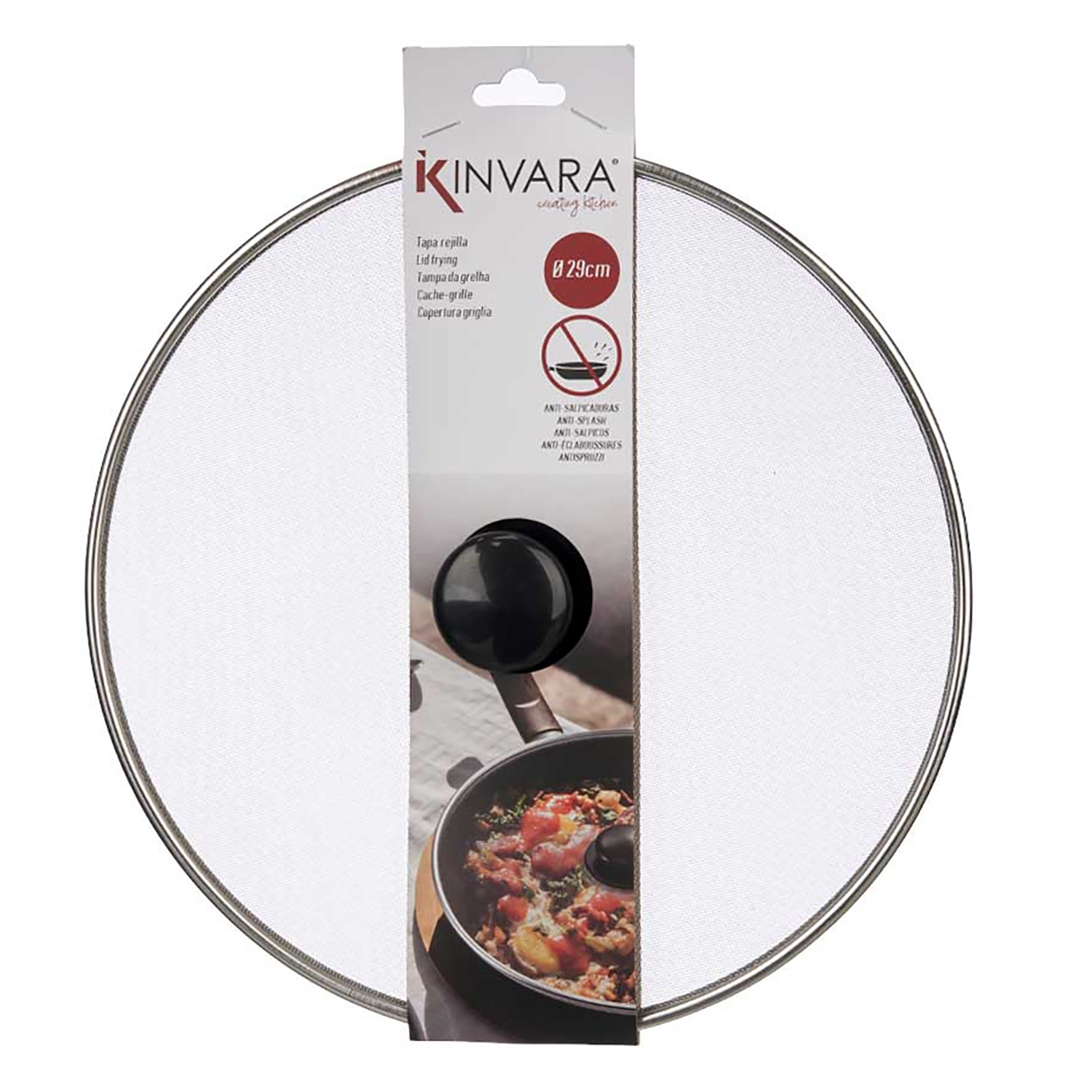 Un coperchio paraspruzzi in metallo da 29cm con rete e manico nero su padella.