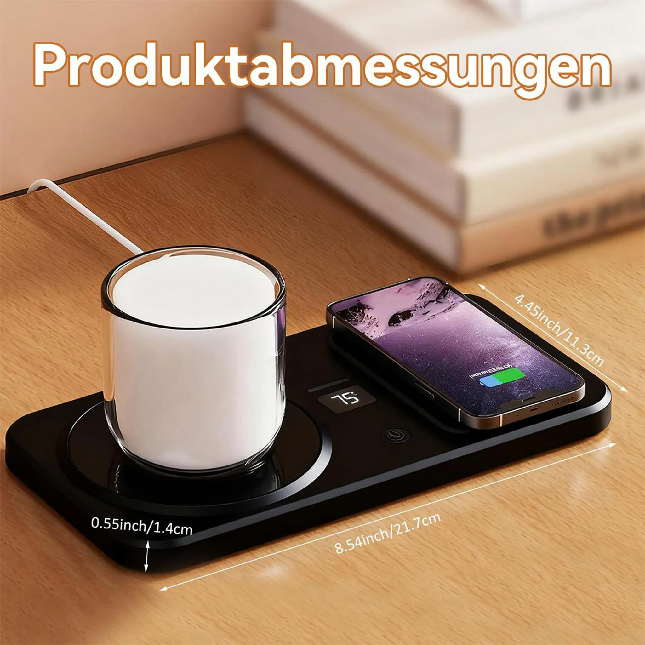 Schwarzes Ladegerät mit Tasse und Handy. Maße sind angegeben.