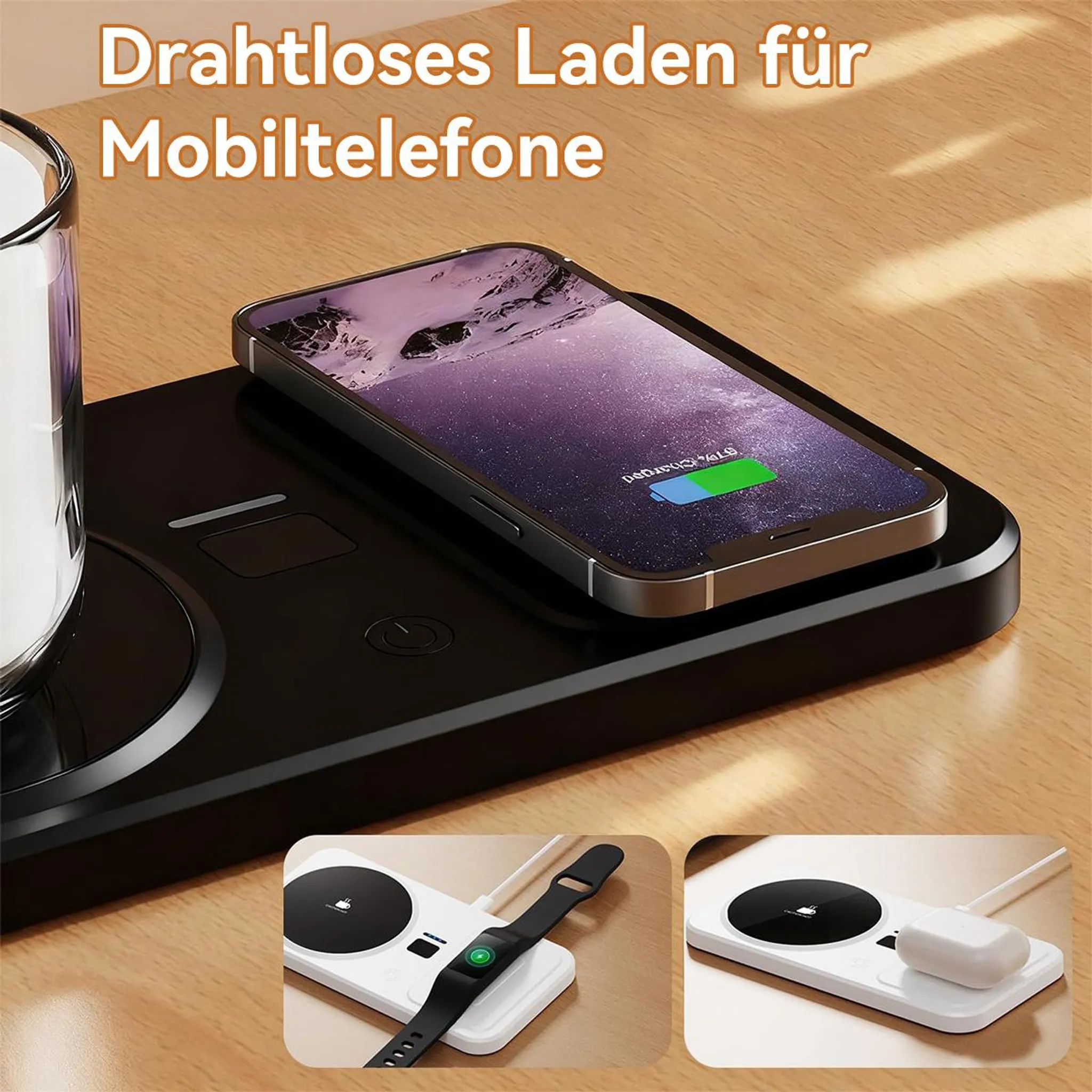 Ein Smartphone wird auf einer schwarzen Ladestation mit Tasse und kleineren Stationen geladen.