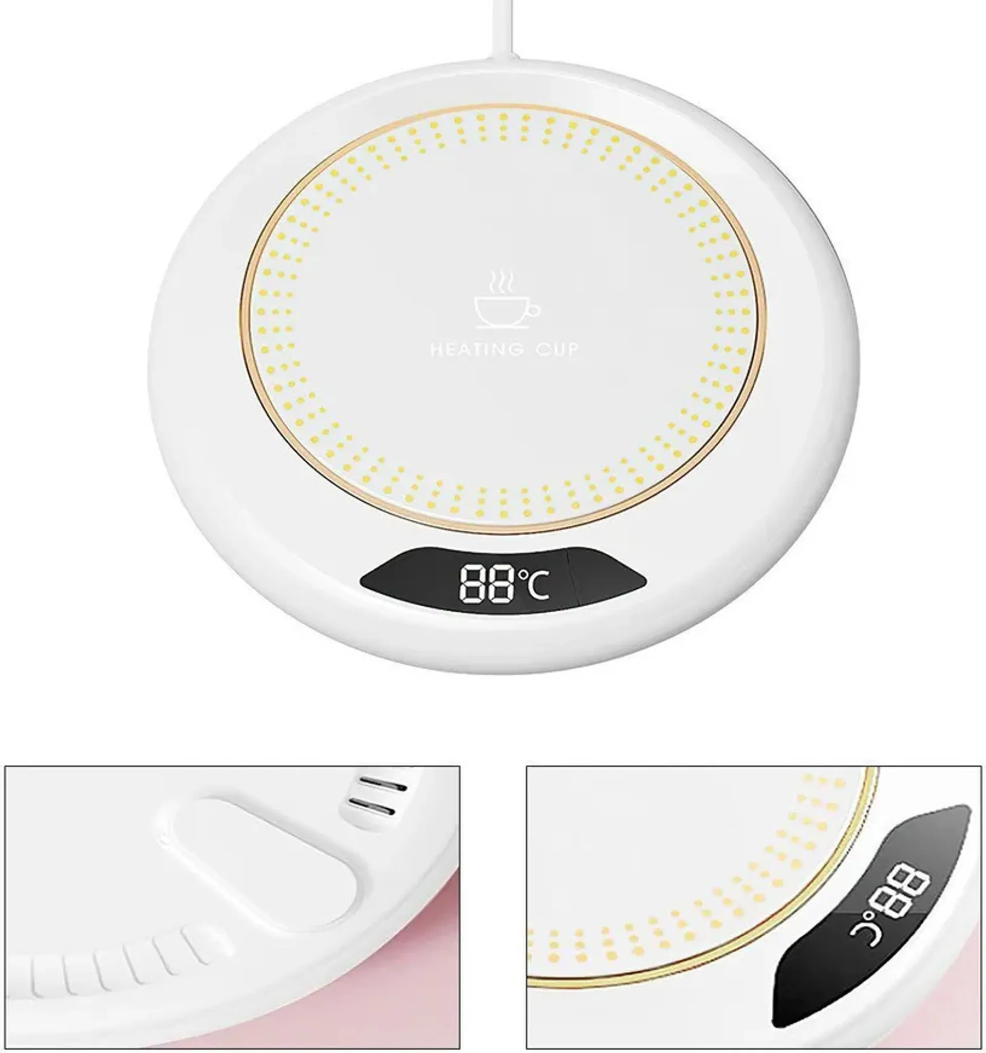 Weiße Tassenwärmerplatte mit digitaler Anzeige von 88°C und gelben Punkten.