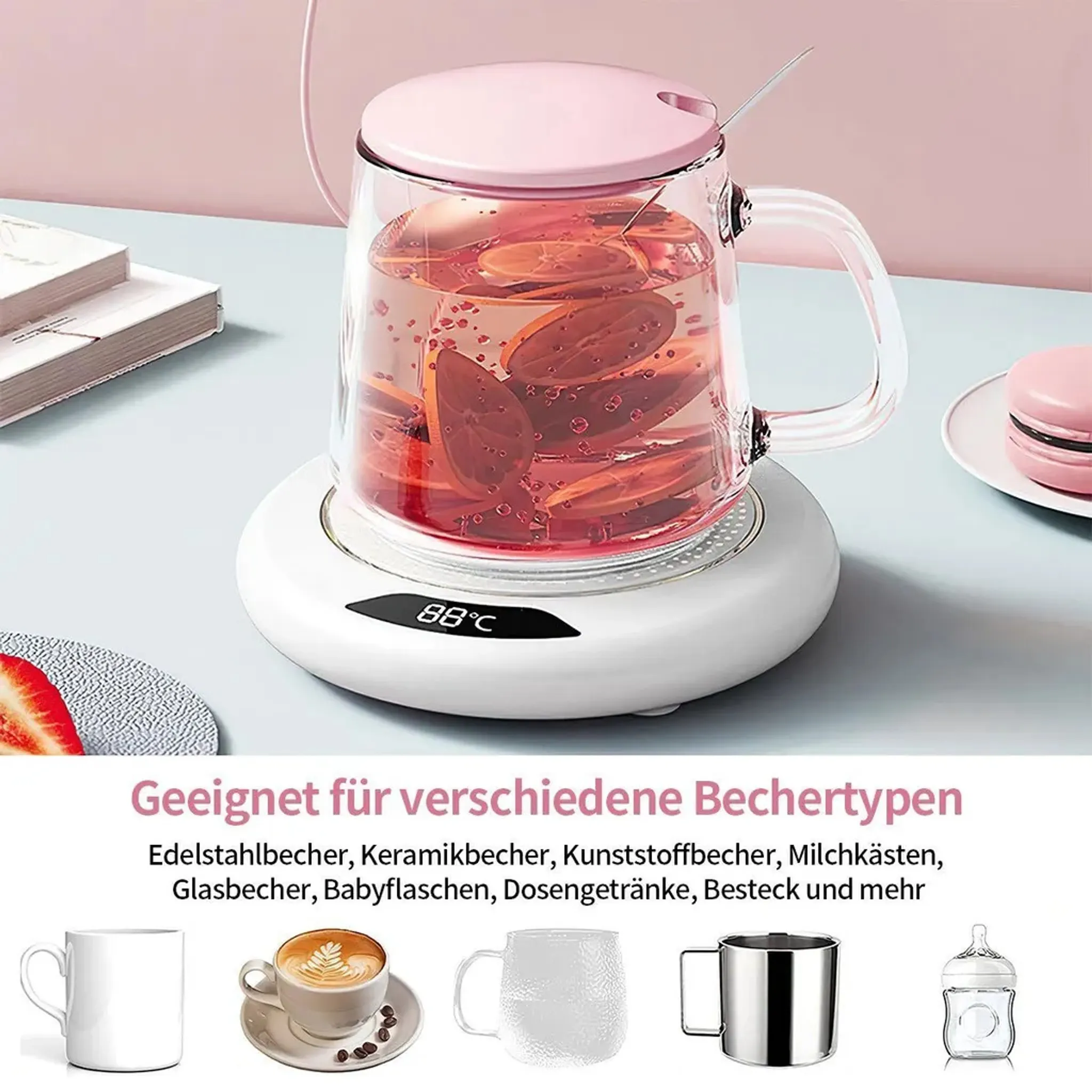 Glasbecher mit Früchten auf weißem Heizgerät, daneben Tassen, Macaron, Erdbeere.