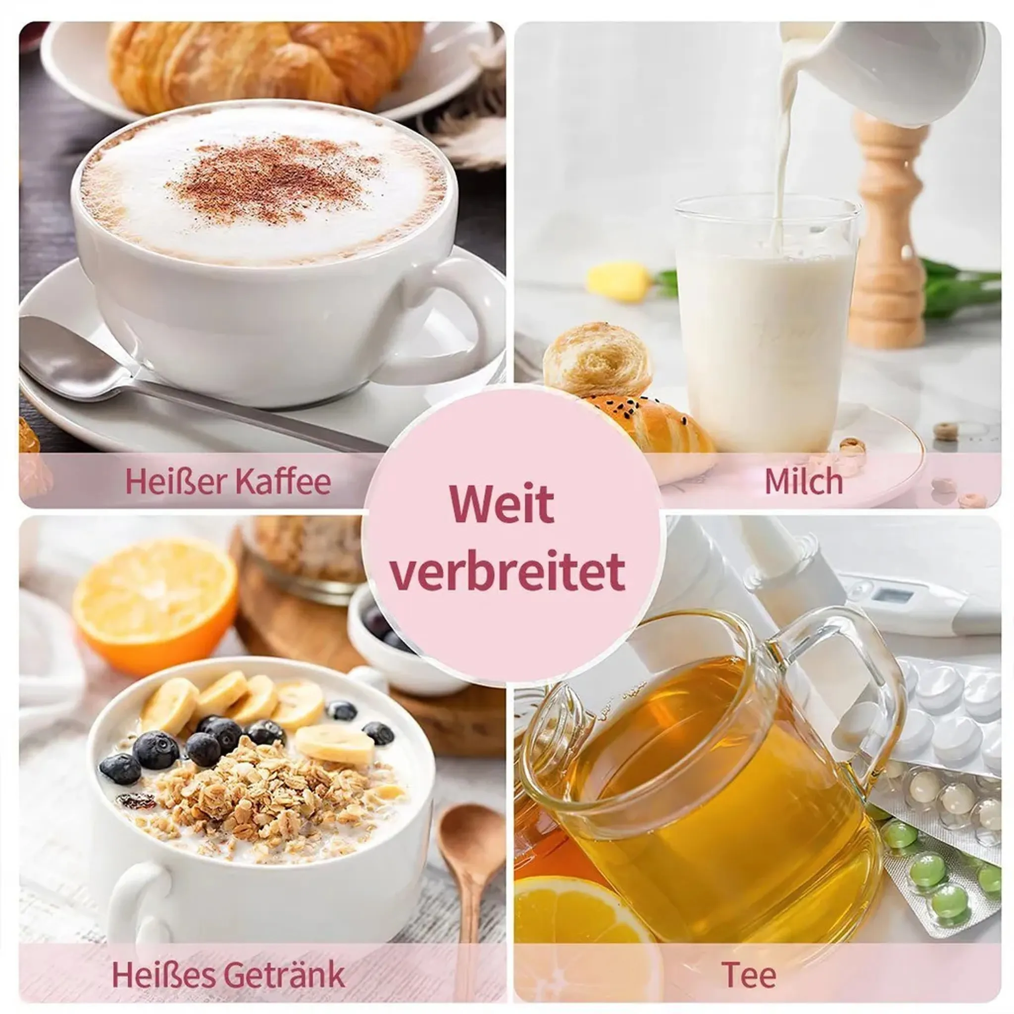 Kaffee, Milch, Müsli, Tee und Medikamente auf einem Collagebild.