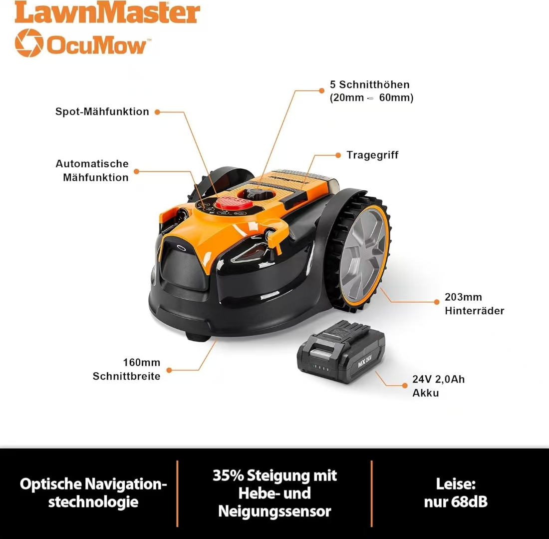 Orange-schwarzer Mähroboter mit Akku. Merkmale: Spot-Mähen, automat. Mähen, 5 Schnitthöhen, 160mm Breite.