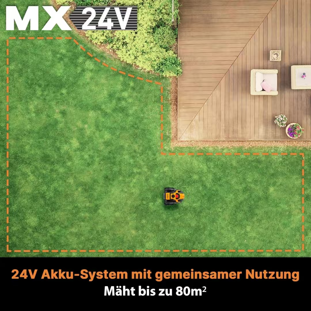 Ein Mähroboter auf einem Rasen neben einer Holzterrasse mit Möbeln.