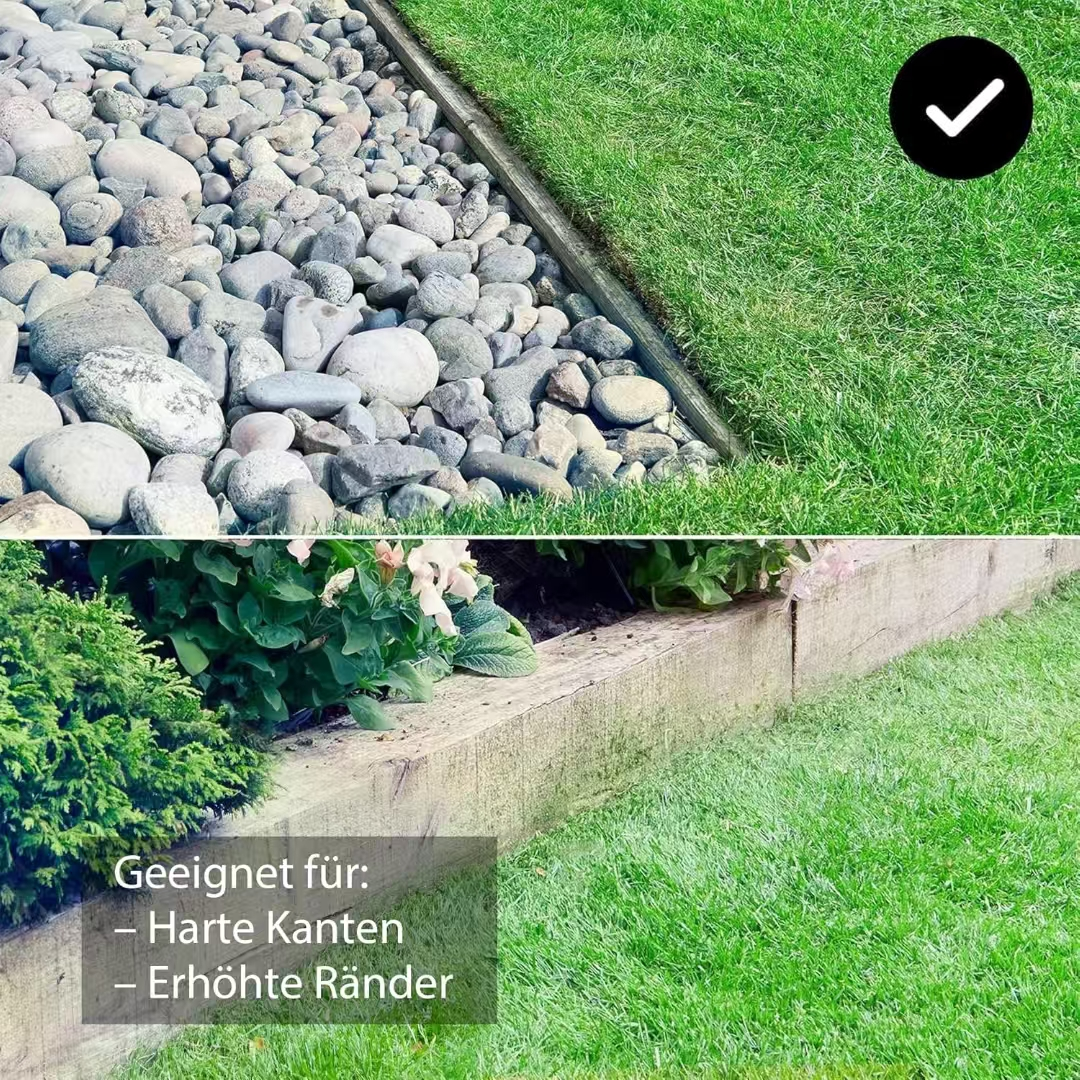 Oben: Kiesweg neben Rasen mit Hakenkreuz. Unten: Holzkante mit Pflanzen und Rasen.