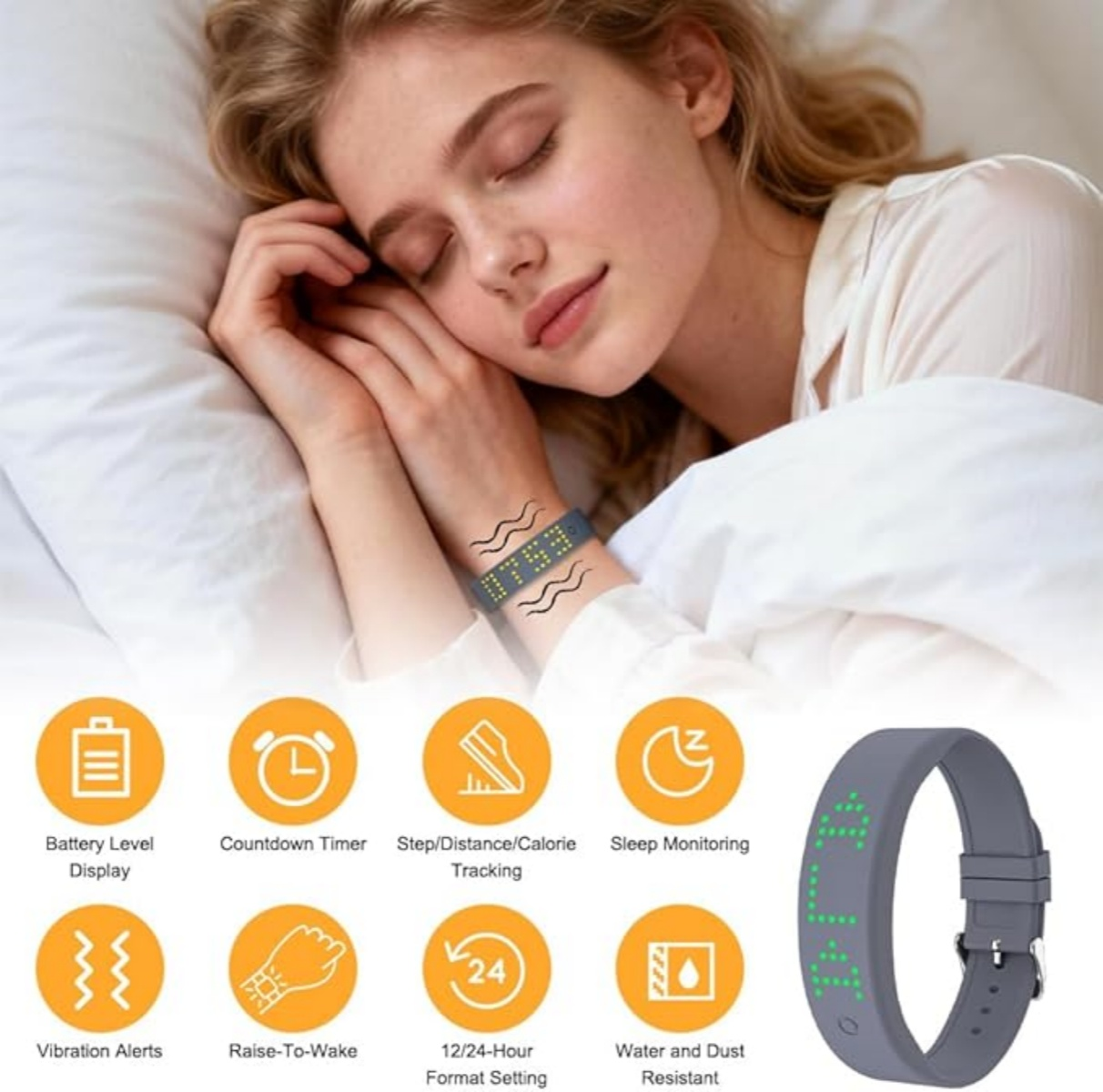Eine Frau schläft, ein Fitnessarmband am Handgelenk mit Symbolen.