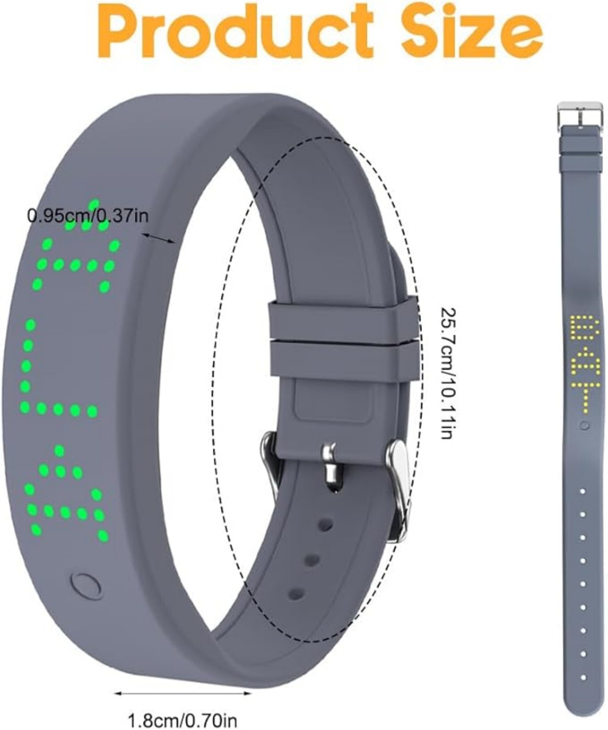 Graues Armband mit grüner LED-Anzeige und Maßangaben.