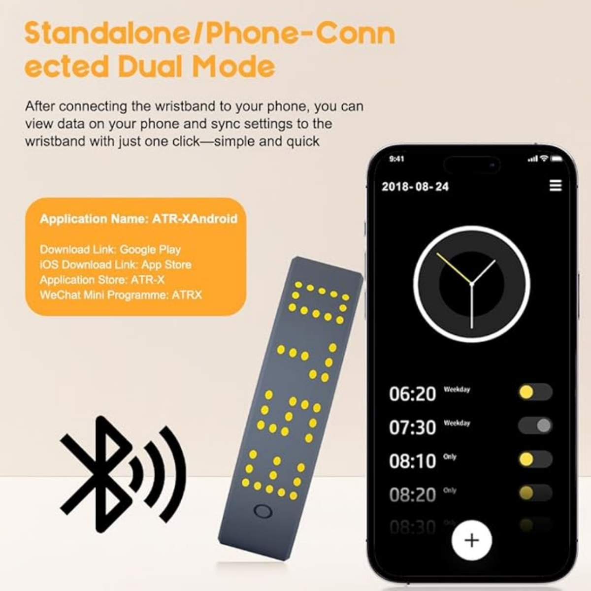Ein Smartphone zeigt eine App mit Uhrzeiten an, daneben ein graues Bedienelement mit gelben Punkten.