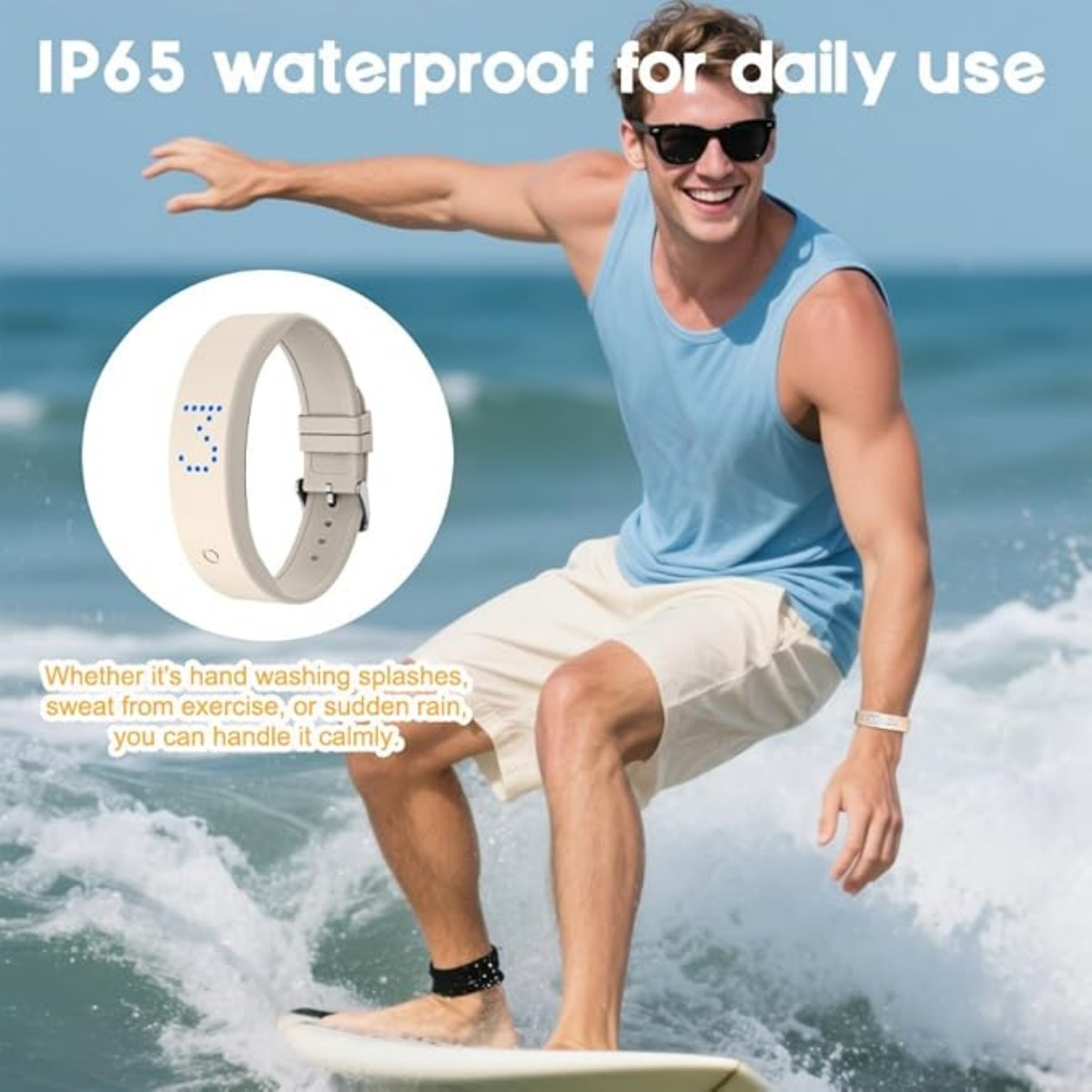 Mann surft mit wasserdichter Uhr, die vor Wasser schützt.
