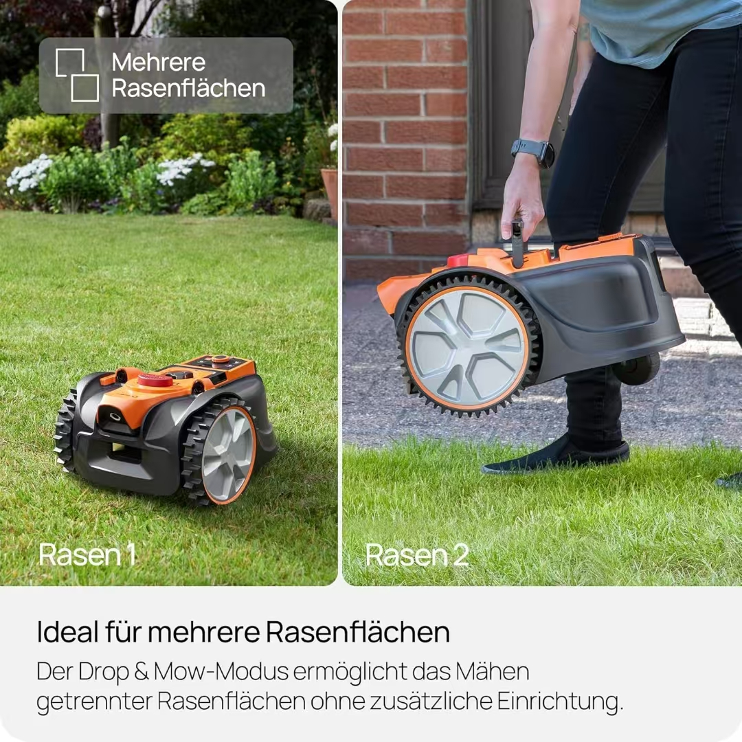 Ein Mähroboter auf Rasen 1 und eine Person trägt ihn auf Rasen 2.