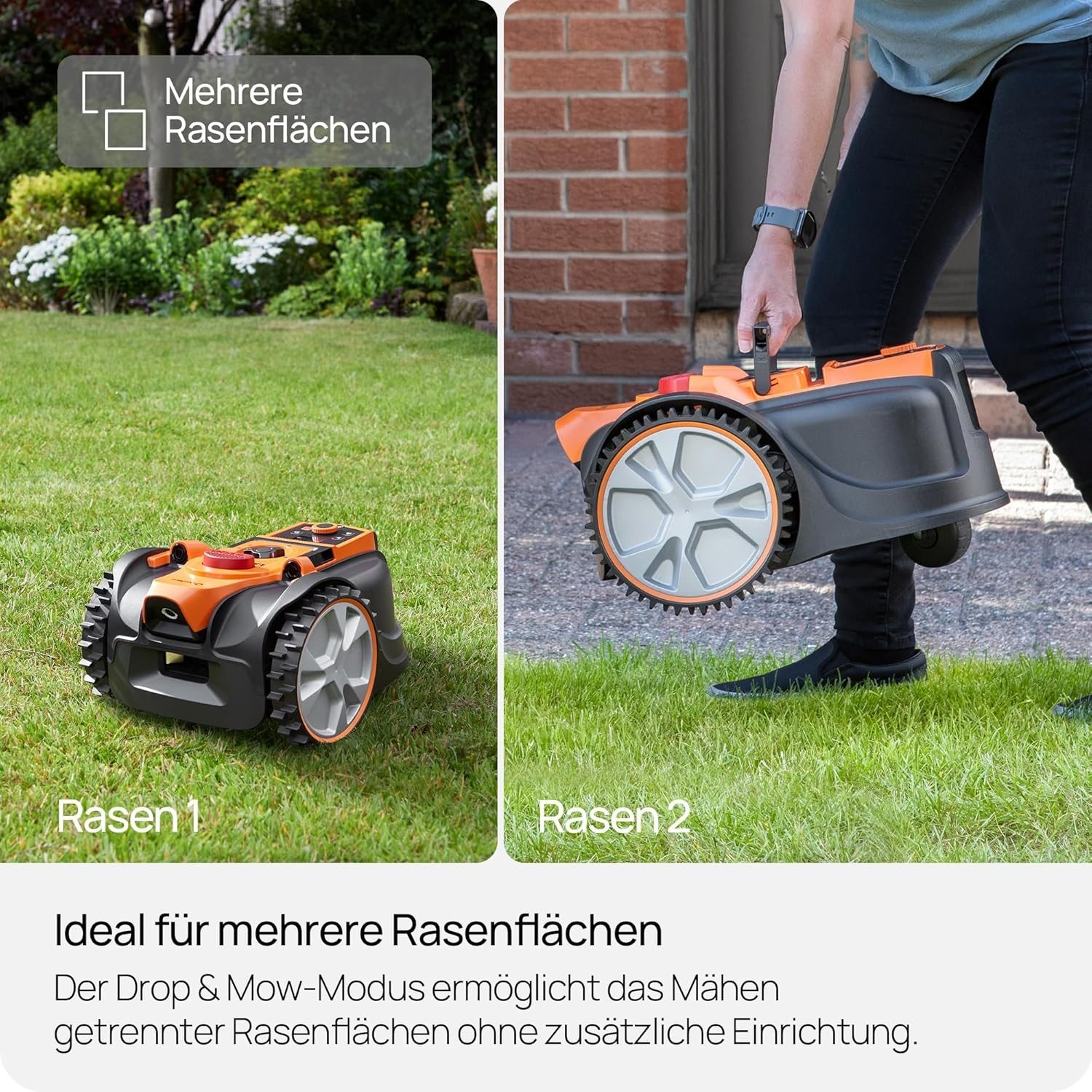 Ein Mähroboter auf Rasen 1, Person trägt Mähroboter über Rasen 2.