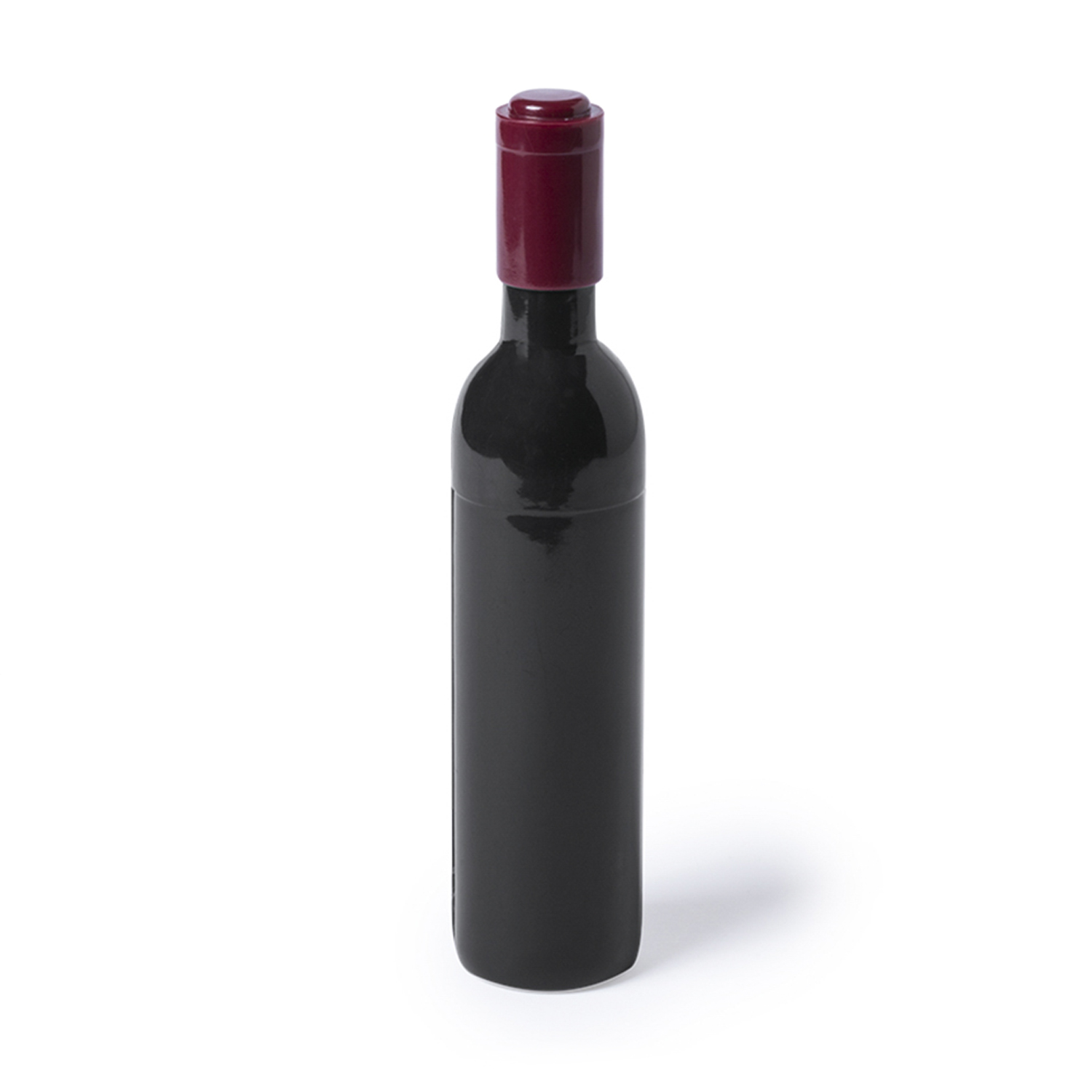 Una bottiglia di vino nera con tappo rosso scuro su sfondo bianco.