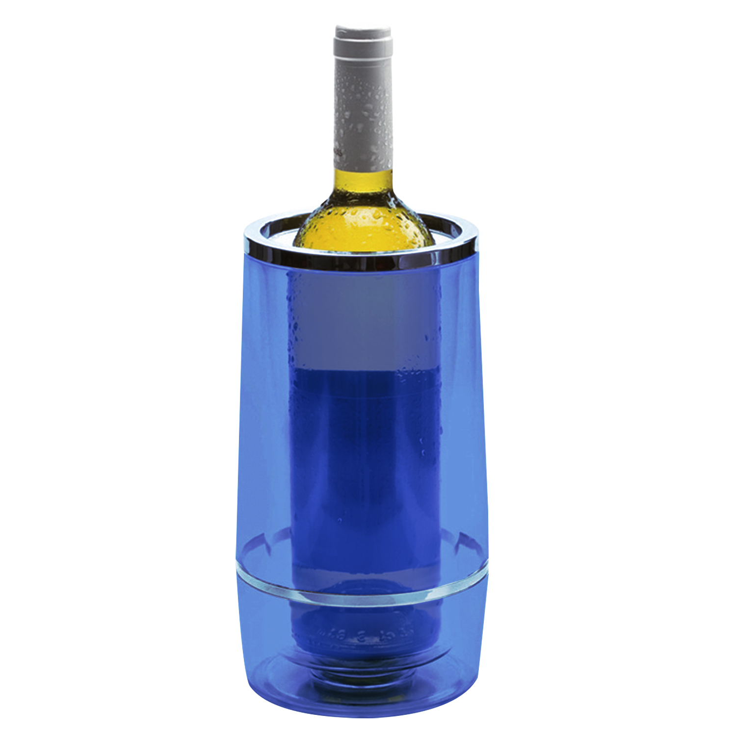 Una bottiglia di vino bianco in un refrigeratore blu con condensa.
