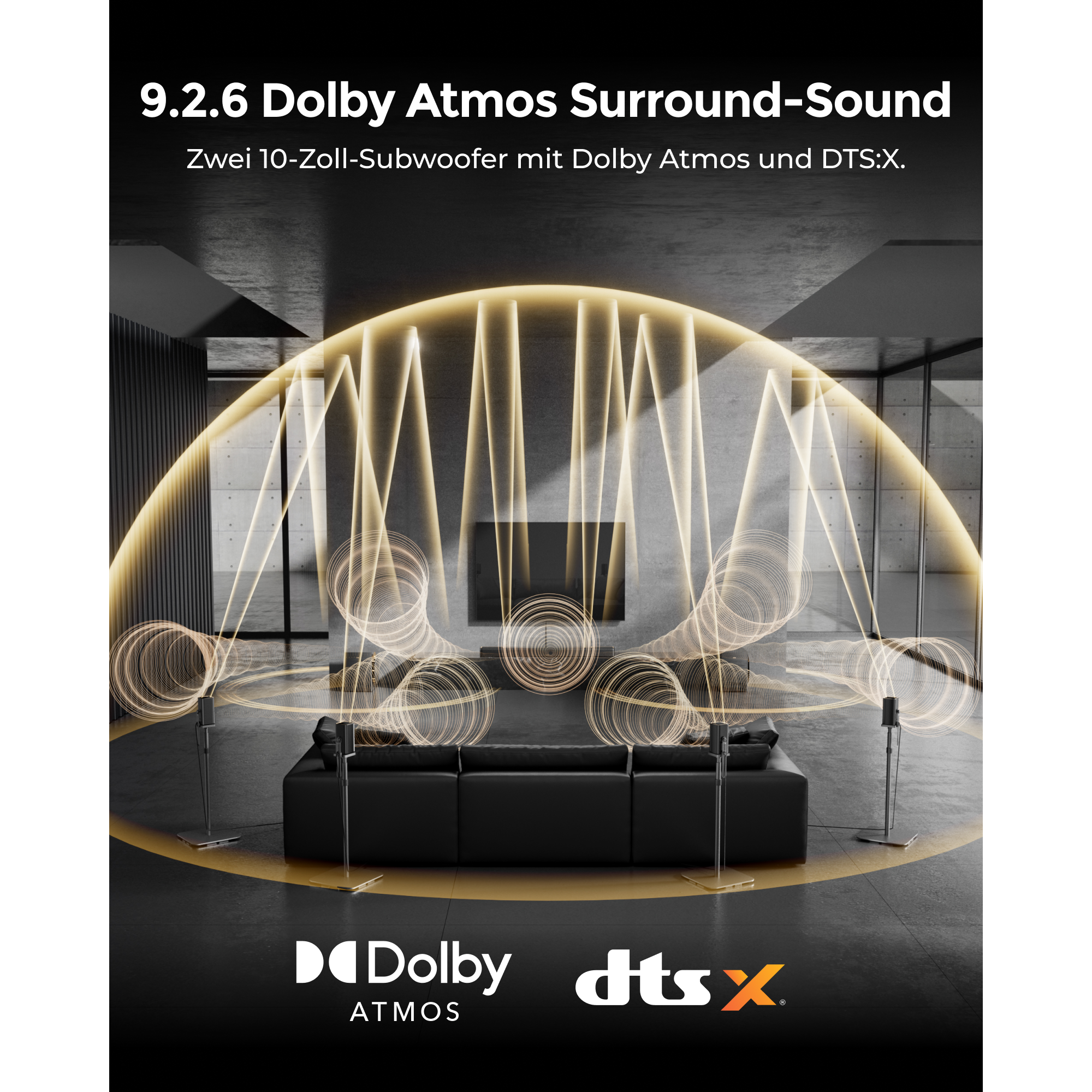 Luxuriöses Wohnzimmer mit Dolby Atmos und DTS:X Soundvisualisierung.