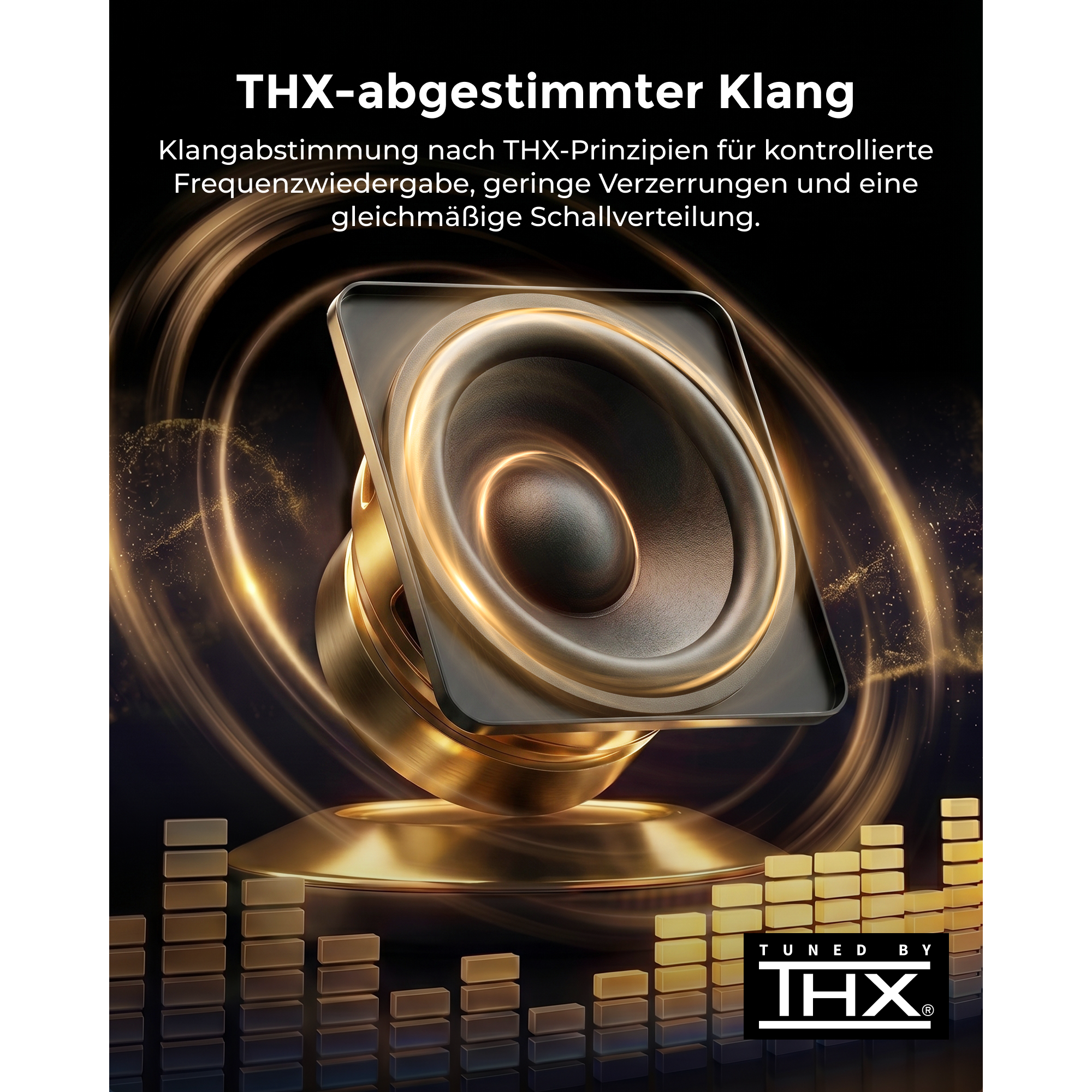 Goldener Lautsprecher mit THX-Logo und Equalizer-Balken.